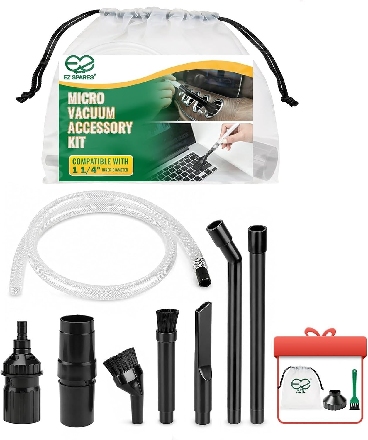 EZ SPARES 7-in-1 Vacuum Attachment Kit 1-1/4″ Crevice Brush Tools for Car Home