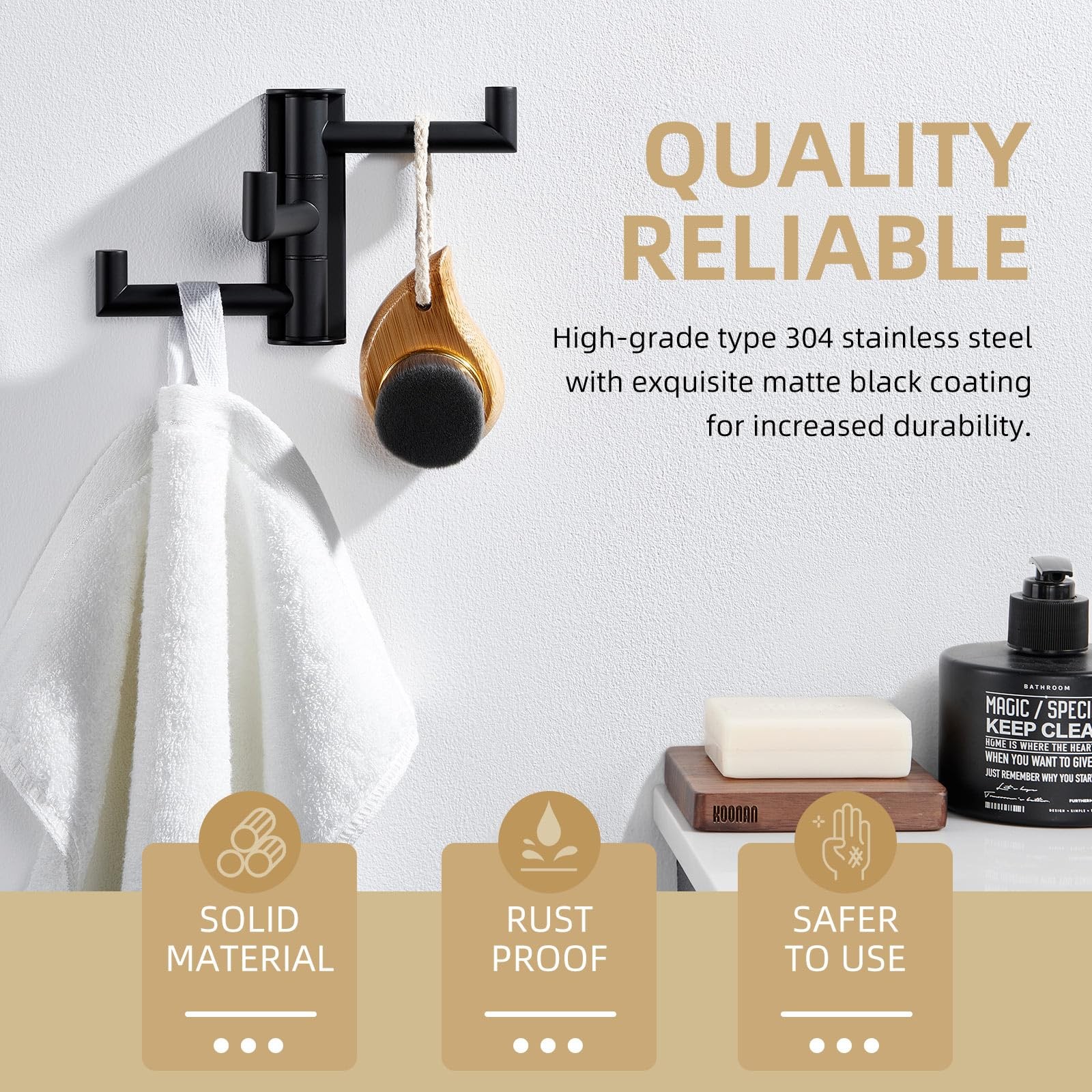 Swivel Towel Hook 3 Arms, SUS 304 Stainless Steel Foldable Bathroom Robe Towel H