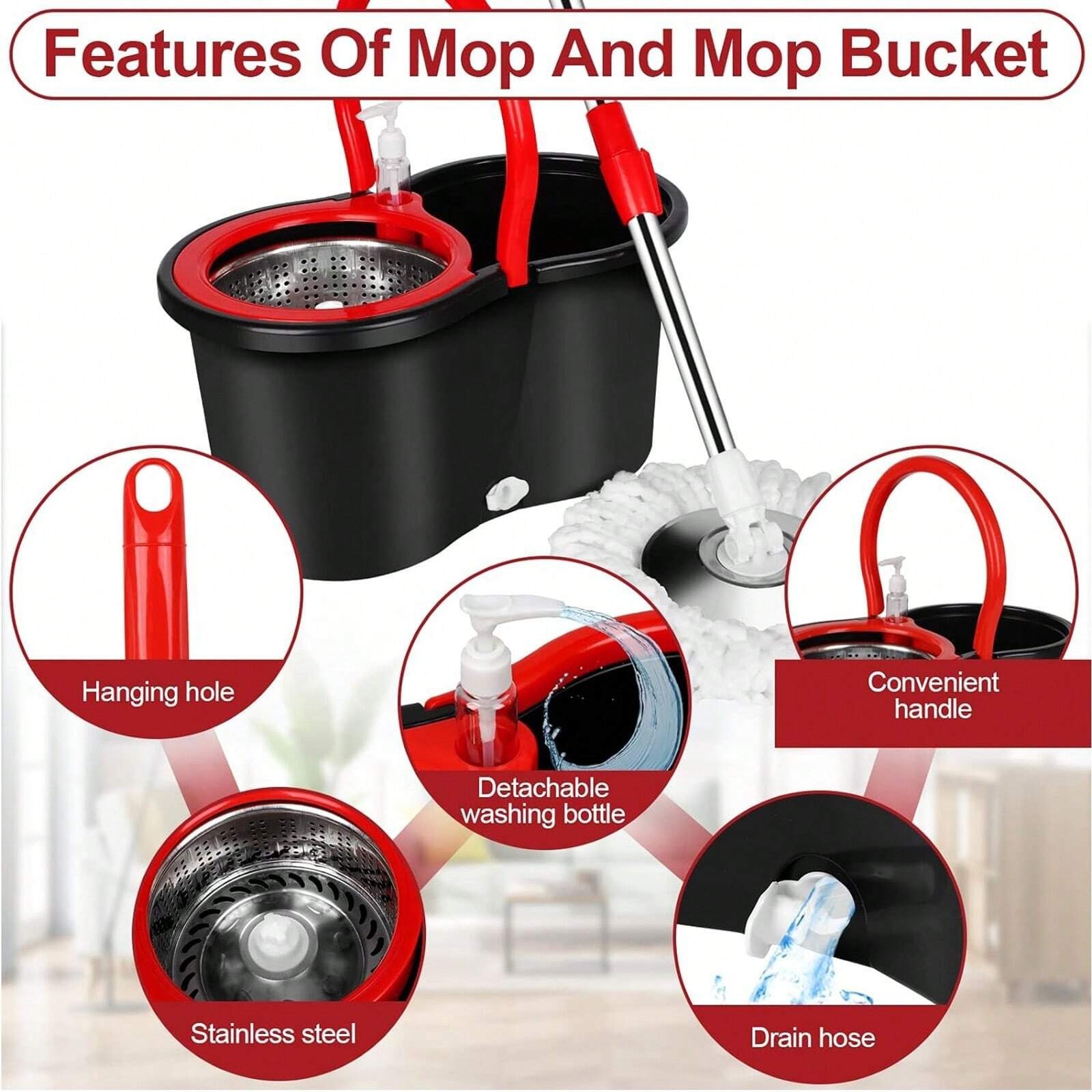 Spin Mop Bucket Wringer Set 3 Microfiber Heads 61 Stainless Steel Handle Black