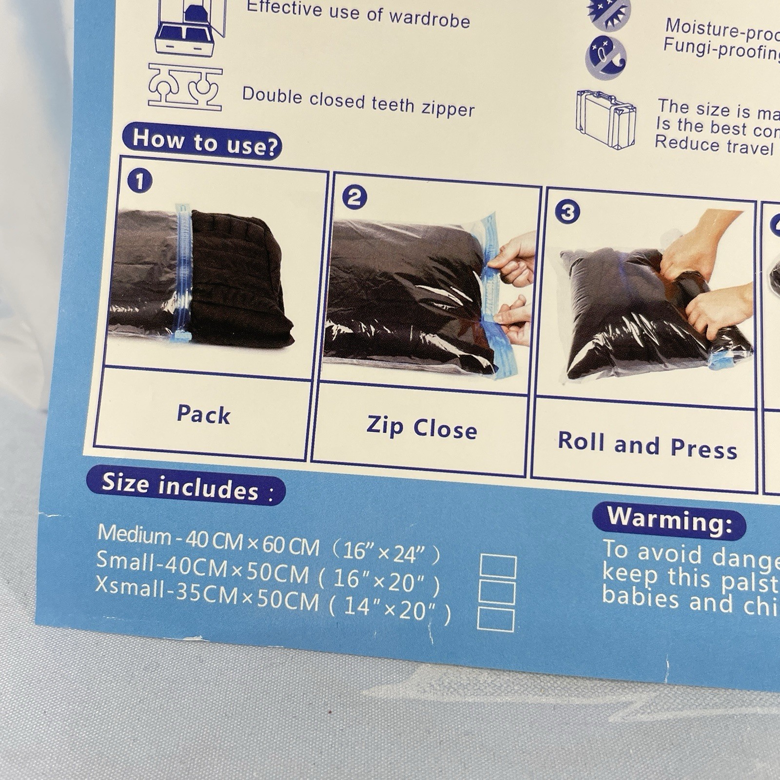 Travel Roll-Up Space Saver Bags Storage Travel Zip Close 3 Sizes See Details