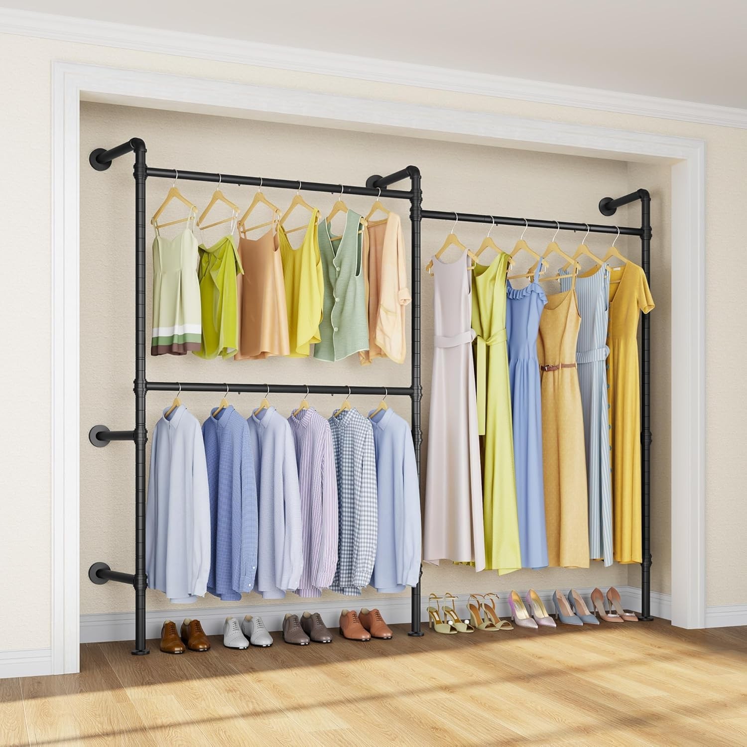 Industrial Pipe Clothes Rack Wall Mounted Open Closet System with 3 Hanging Rods