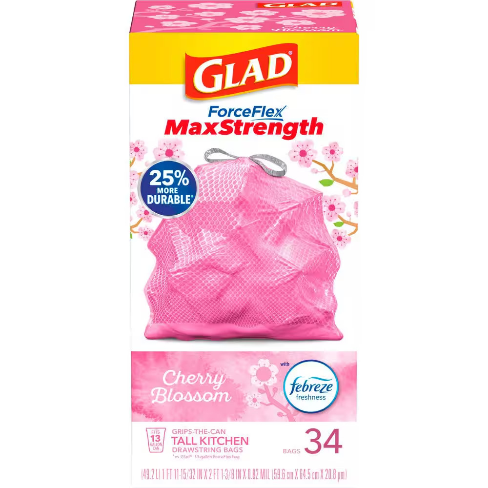 13 Gal. Forceflex Maxstrength Tall Kitchen Drawstring Cherry Blossom with Febrez