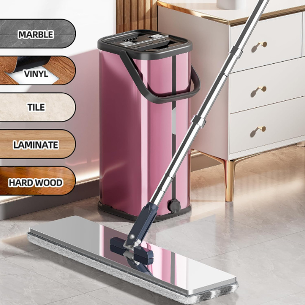 Flat Mop Bucket Set Separate Dirty Water Stainless Steel Bucket 2/4/6 Pads
