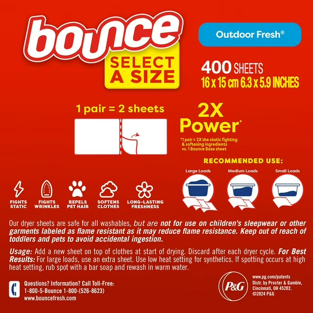 Bounce Select-A-Size Fabric Softener Dryer Sheets Outdoor Fresh 400 Ct New Pack