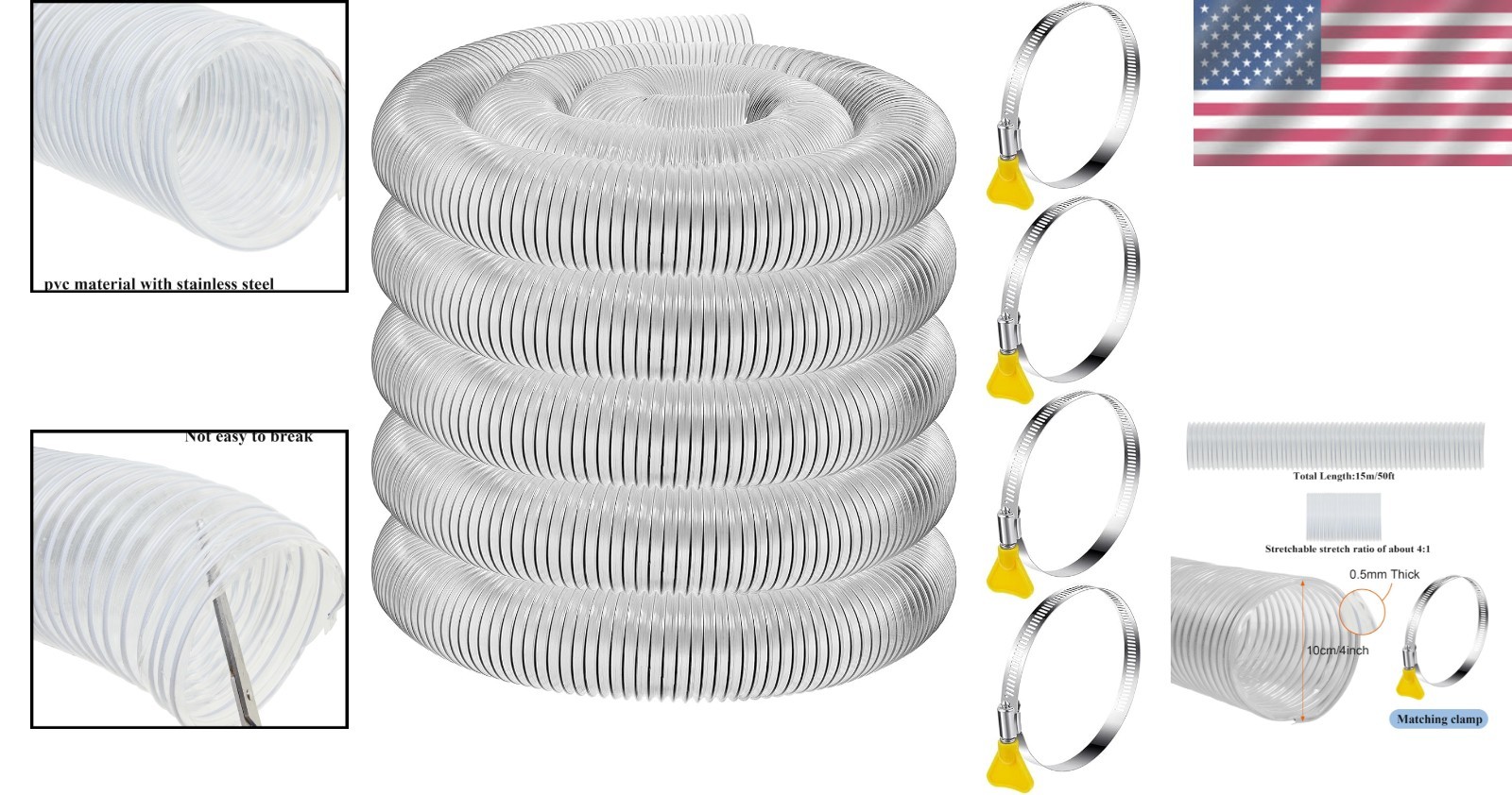 4 Inch x 50 Ft Heavy-Duty PVC Dust Collection Hose with Flexible Design & Clamps