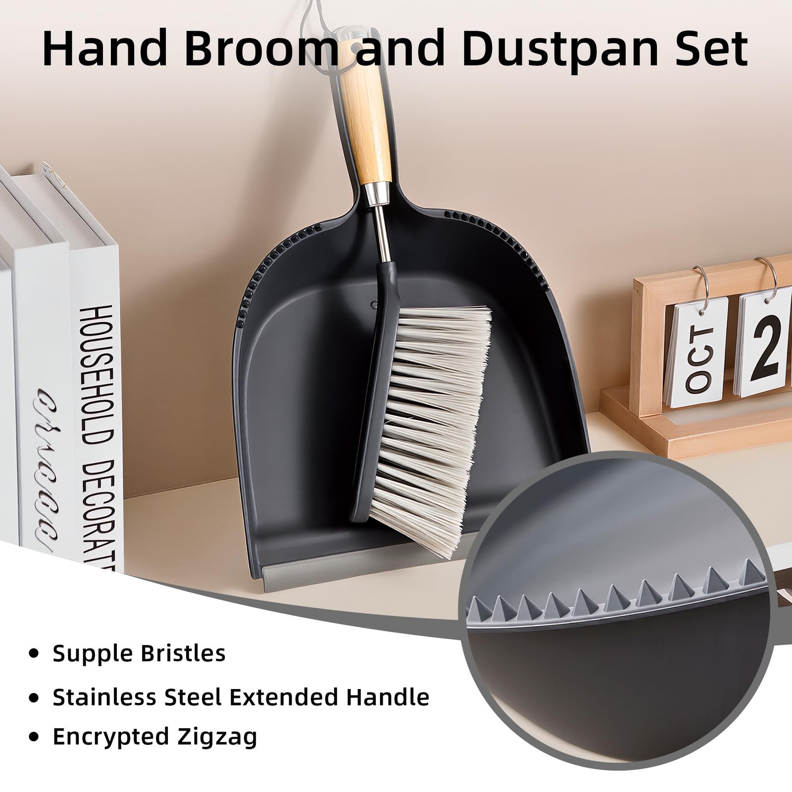 Hand Broom and Dustpan Set 13.8″ X 9.1″ Bamboo Stainless Steel – Portable
