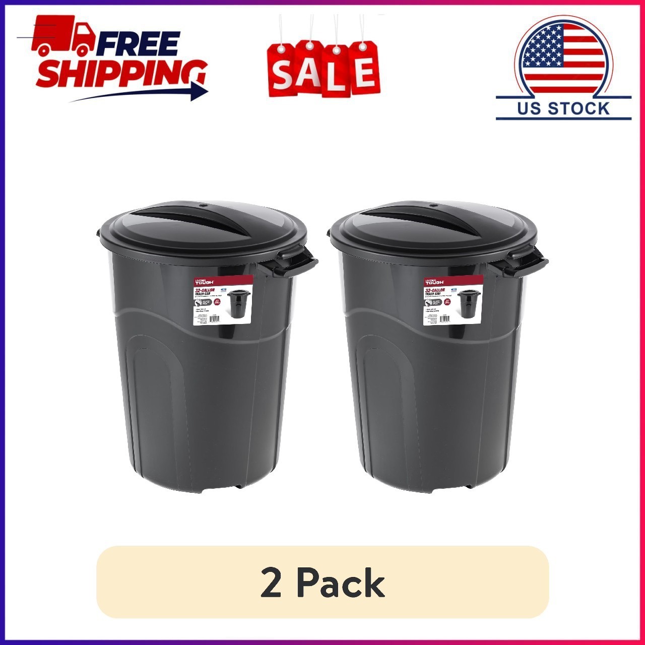(2 pack) Hyper Tough 32 Gallon Heavy Duty Injection Molded Trash Can with Click