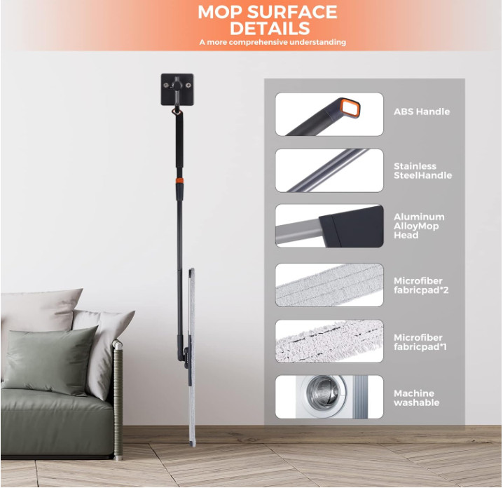 Mopa Plana Microfibra Resistente 36″, Mango Ajustable y 4 Almohadillas Lavables