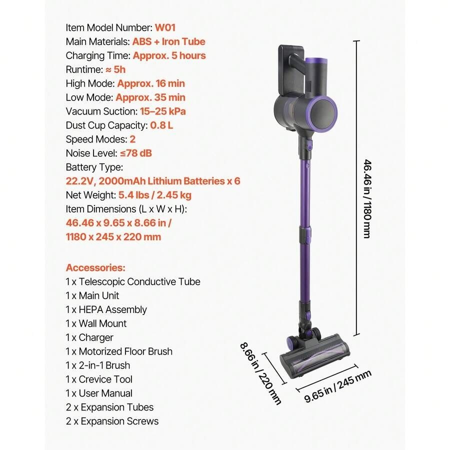 Cordless Stick Vacuum Cleaner 25KPA Suction 35min Runtime For Pet Hair