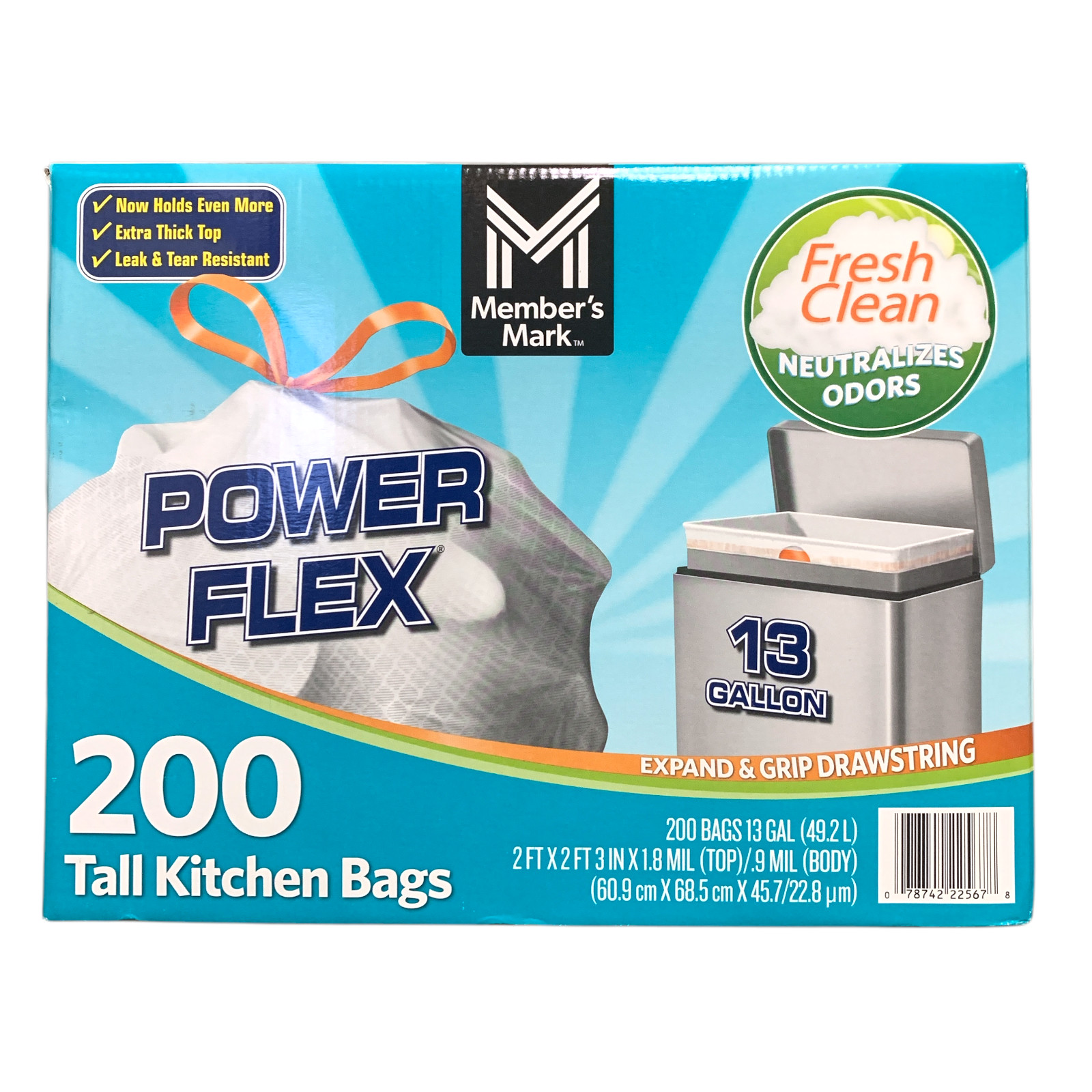 Member’s Mark Power Flex Tall Kitchen Drawstring Trash Bags (13 gal., 200 ct.)