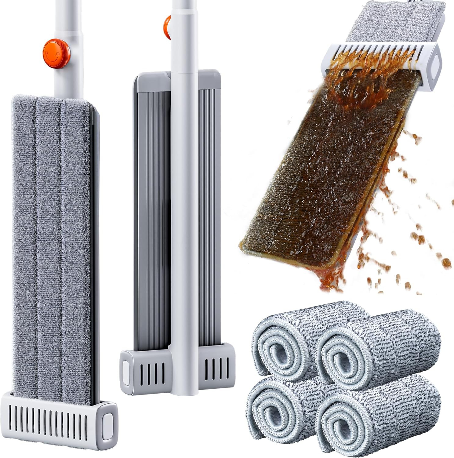 Self Wringing Flat Mop 360 Spin Head Microfiber Floor Cleaner 4 Pads No Bucket