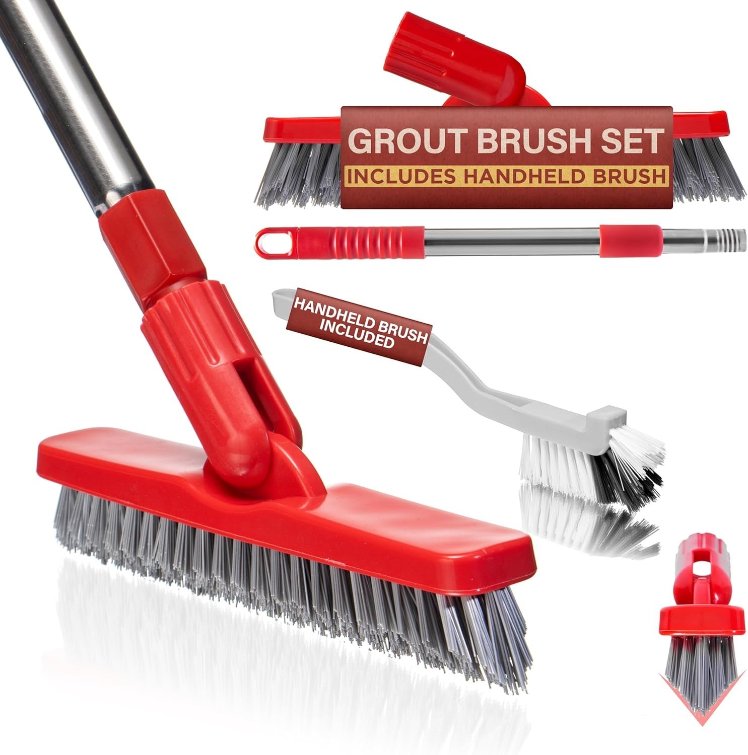 Living Grout Brush with Long Handle & Handheld Stiff Bristle Scrubber, V-Shap…