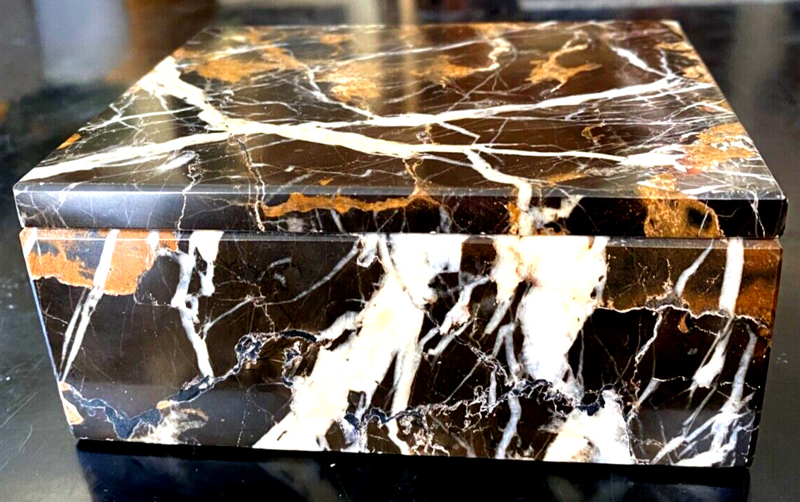 Vintage Veined MARBLE 5″ x 4″ x 2.25″ Lidded Black Brown Beige White Flawless
