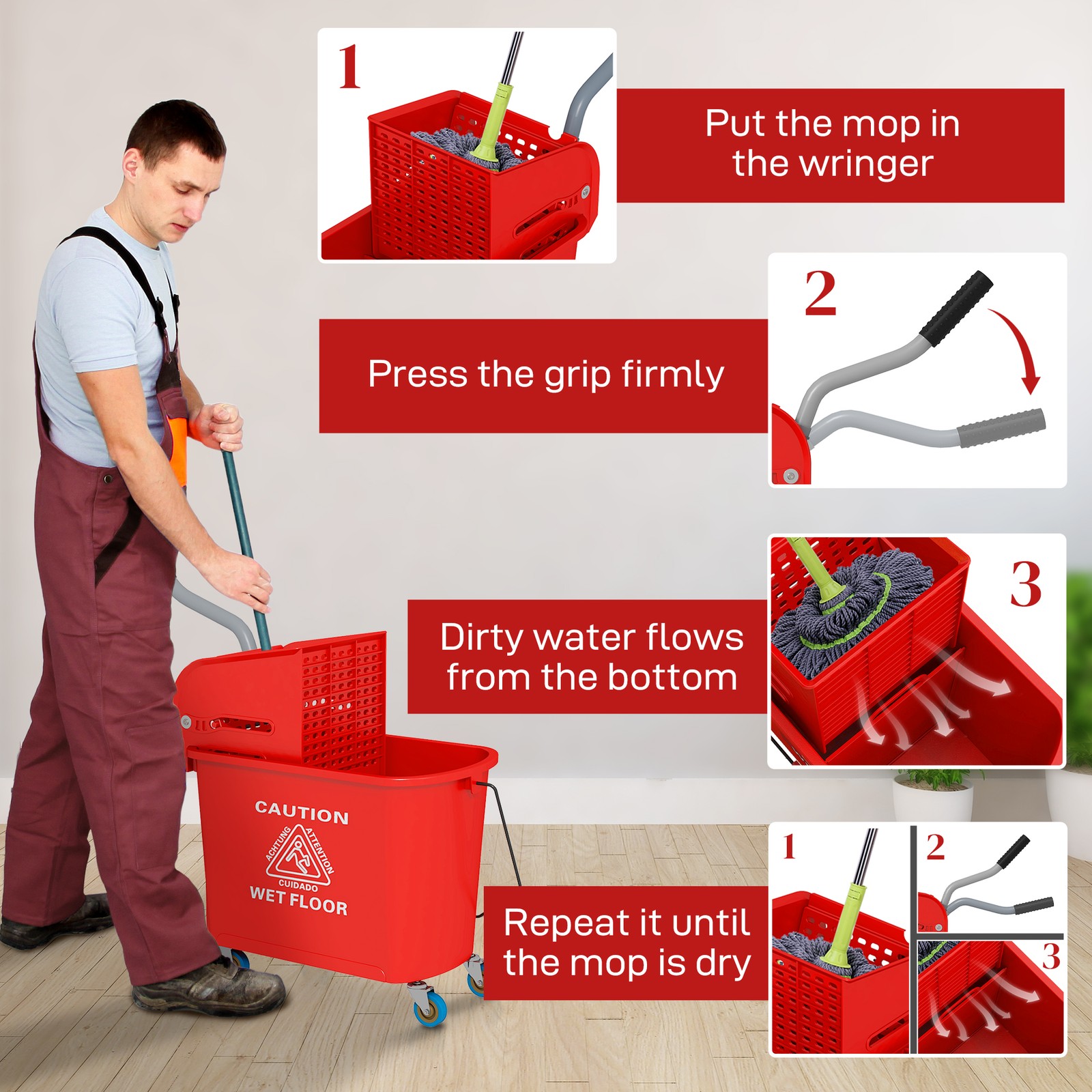HOMCOM Mop Bucket with Wringer on Wheels for Floor Cleaning 21 Quart Red
