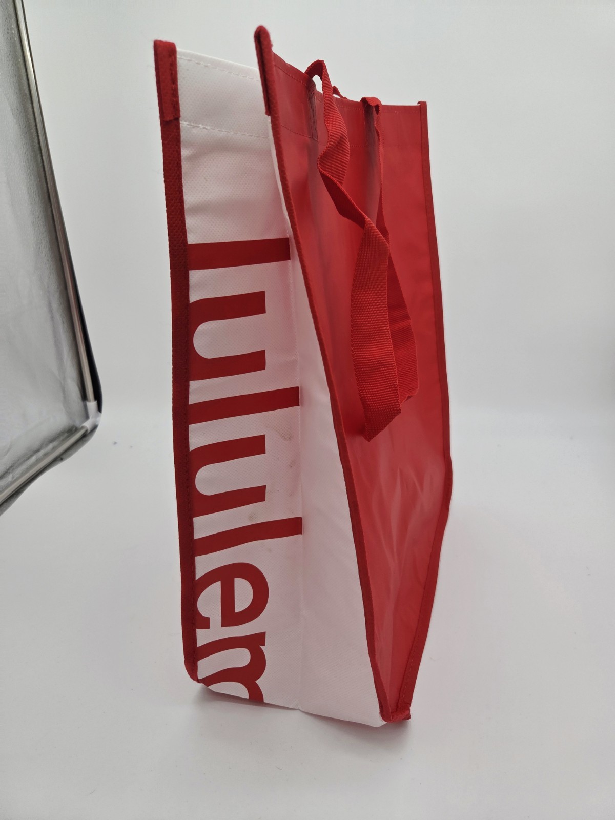 Lululemon Red White Foldable Plastic All-Over Reusable Shopping Bag Tote LARGE