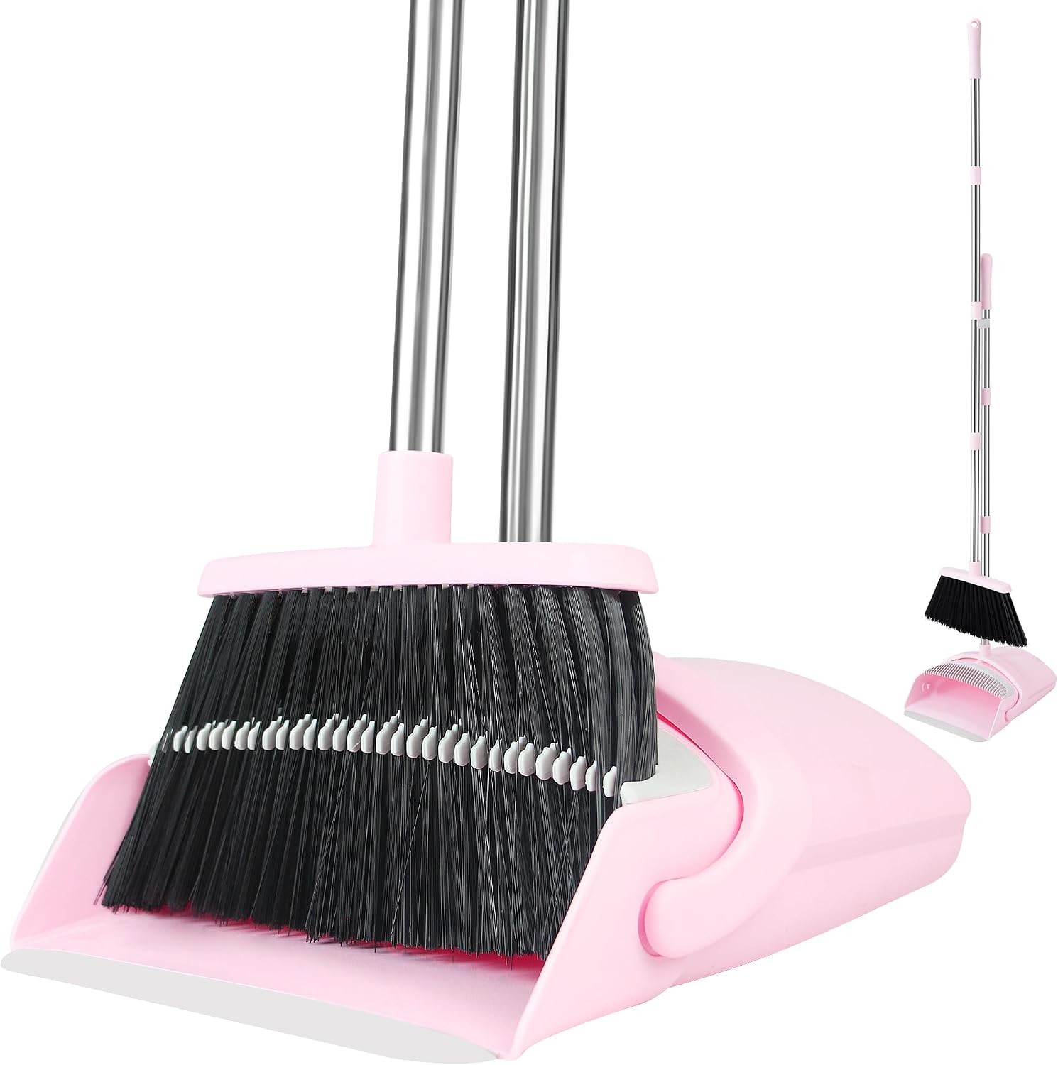 Long Handle Broom & Dustpan Set, Self-Cleaning Teeth, Heavy Duty Indoor/Outdoor