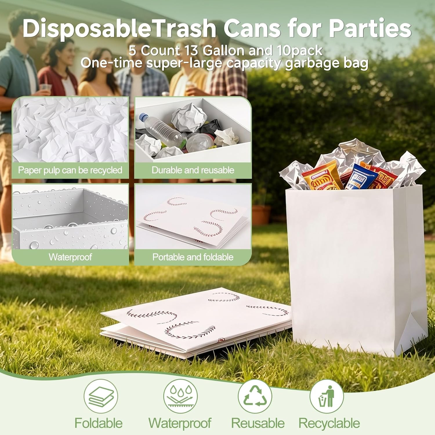 13Gal (52 QT) Disposable Trash Cans,5-Pack Foldable Cardboard Bins | Waterproof