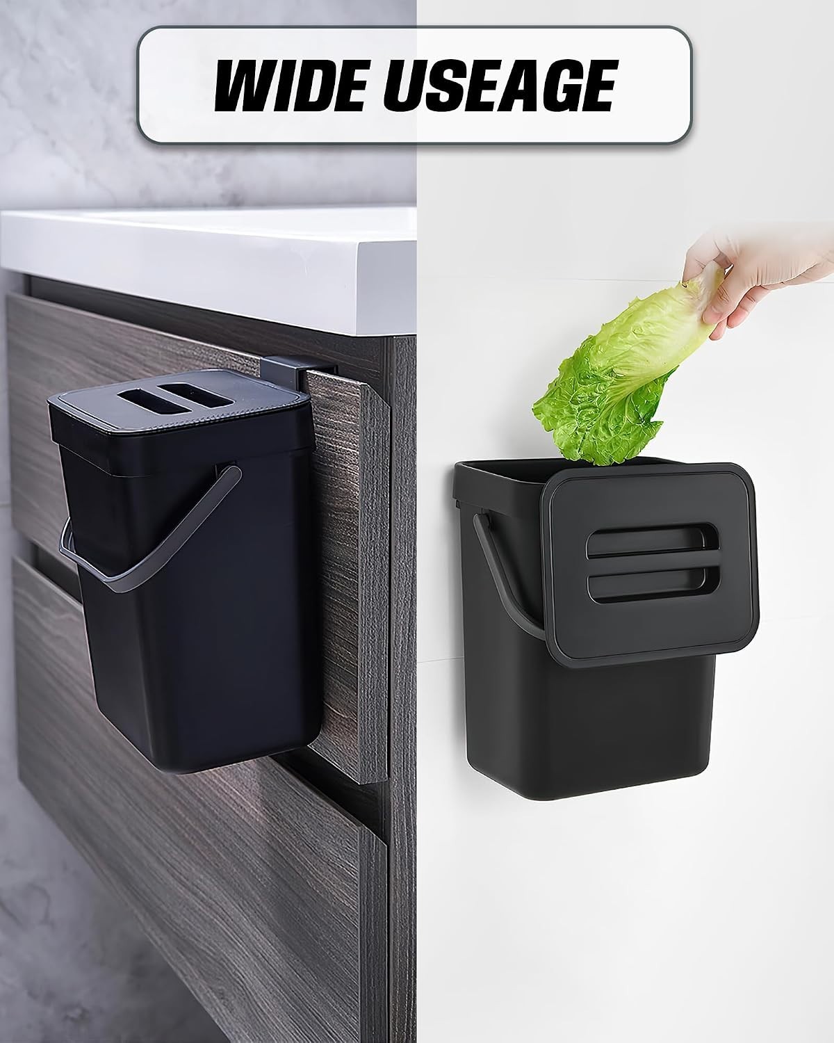 1.3 Gal Kitchen Compost Bin, Hanging Small Trash Can, 5L, Black | With Lid, H…