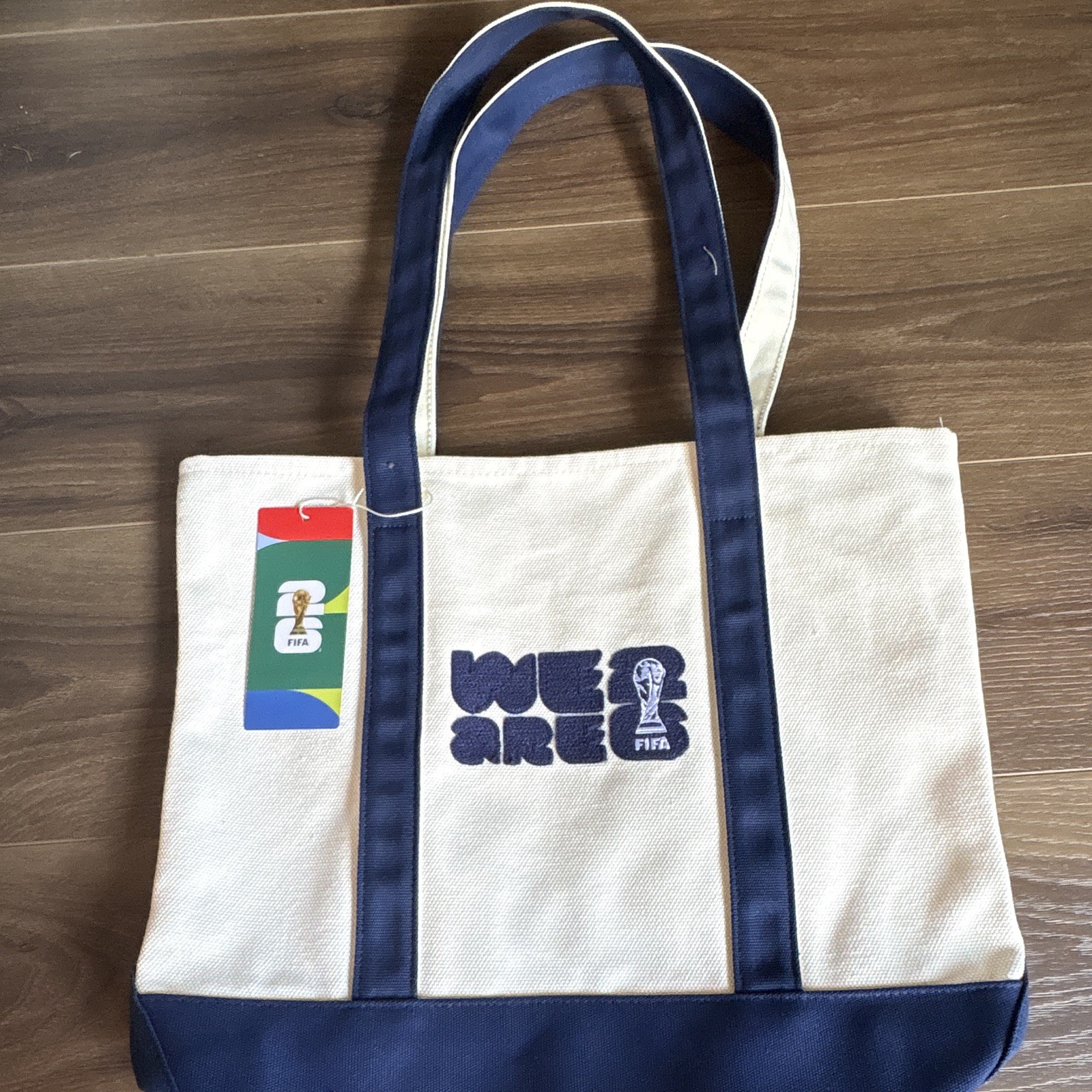 FIFA We Are 26 Logo Canvas Tote Bag Beige/Green Handles 17.5×25 in