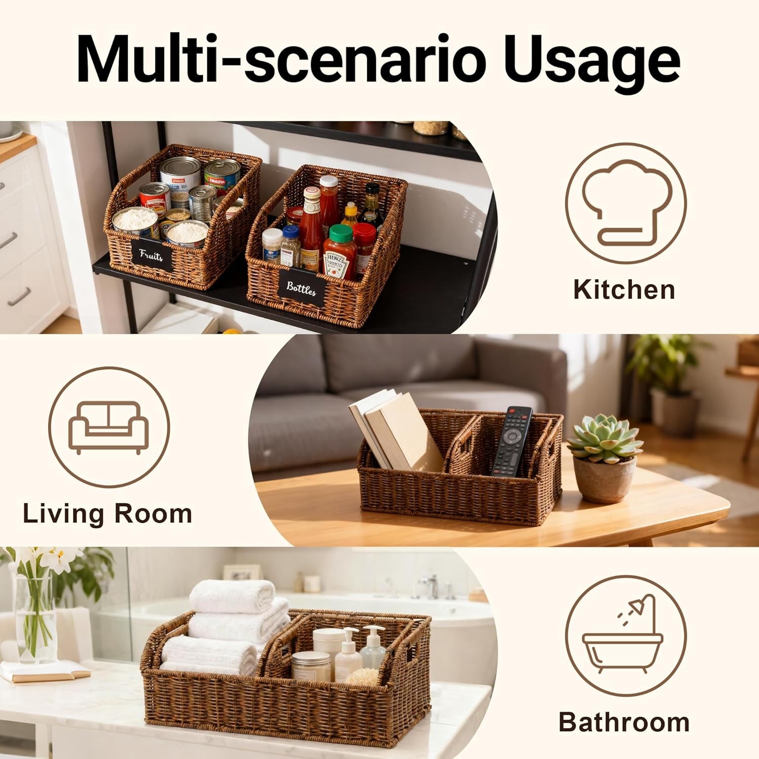 Faux Wicker Pantry Storage Baskets, Brown-Single Set (3-Piece) | Handwoven Baske