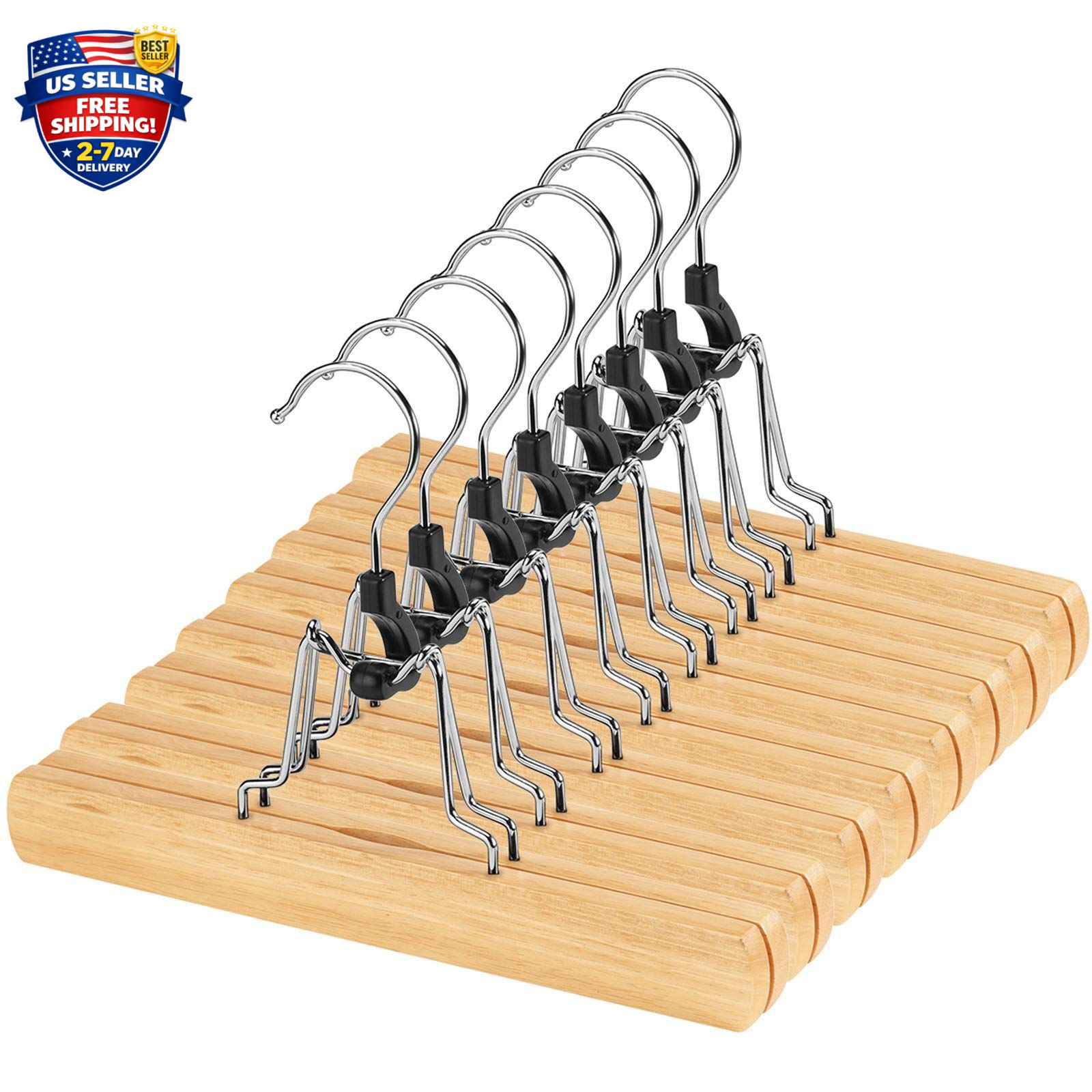 12 Pack Wooden Pants Hangers with Clips Non Slip Skirt Hangers Walnut Trouser Cl