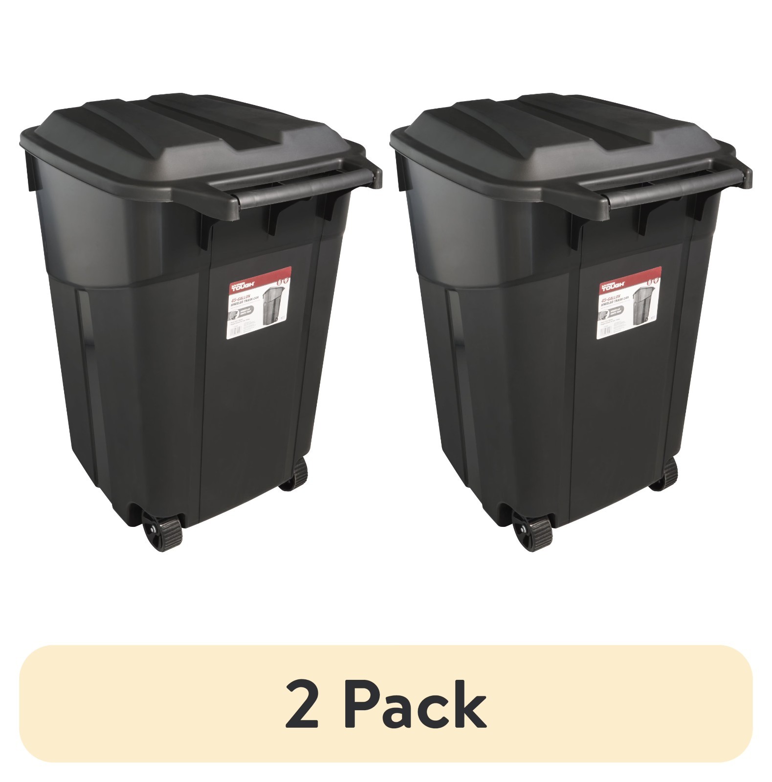 (2 pack) Hyper Tough 45 Gallon Wheeled Heavy Duty Plastic Garbage Can, Lid