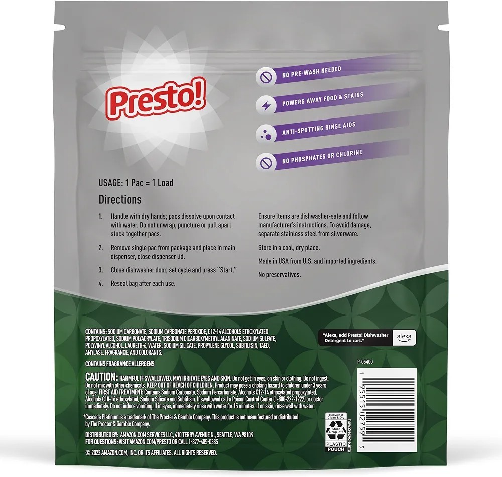 140 Presto! Triple Action Dishwasher Pacs, Fresh Scent, Amazon Brand 2x 70 Count