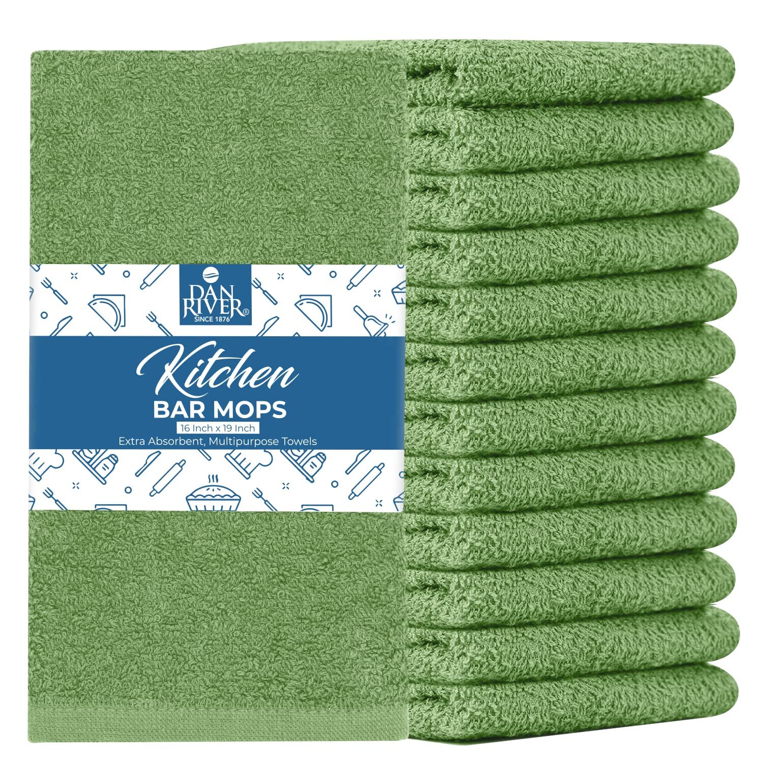 100% Cotton Bar Mop Kitchen Towels 16×19 Inches Pack Of 12 350 Gsm Sage Green “