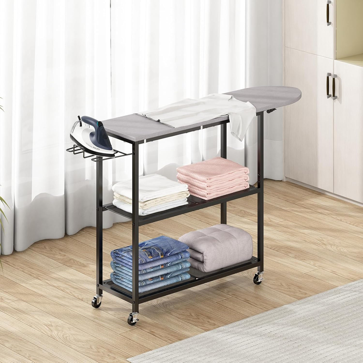 Ironing Board with 2 Tier Storage Basket, Movable Ironing Board Full Size for…