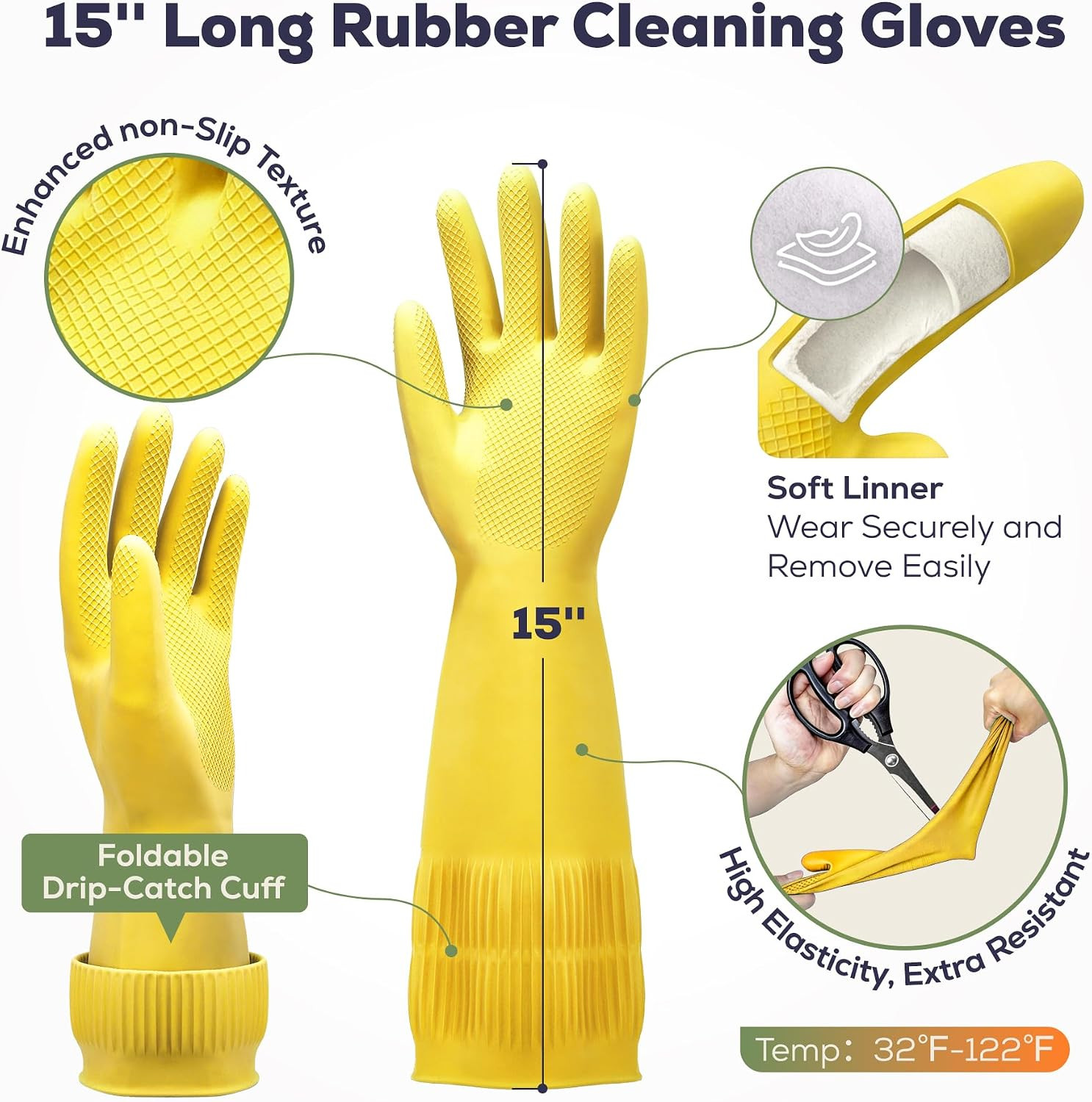 3/6/12/60 Pairs 15 Inch Extra Long Rubber Dishwashing Gloves – Non-Slip for Clea