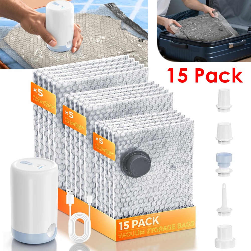 15 Pack Travel Vacuum Bags for Clothing with Pump Compression Space Saver Bags