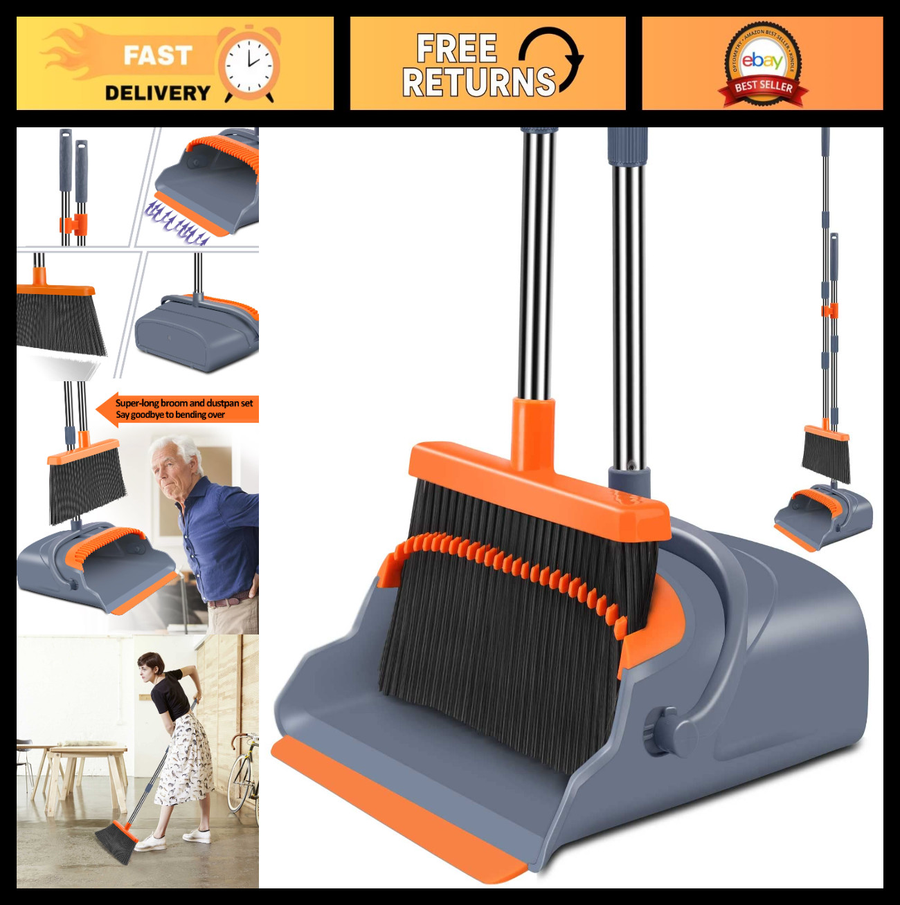 Self-Cleaning Broom & Dustpan Set with Teeth, Indoor/Outdoor Pet Hair Sweeper