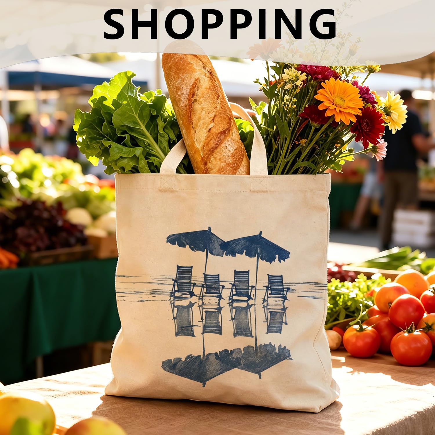 Navy Blue Coastal Beach Tote Bag, Retro Cottage Ocean Seaside Beachy Canvas T…