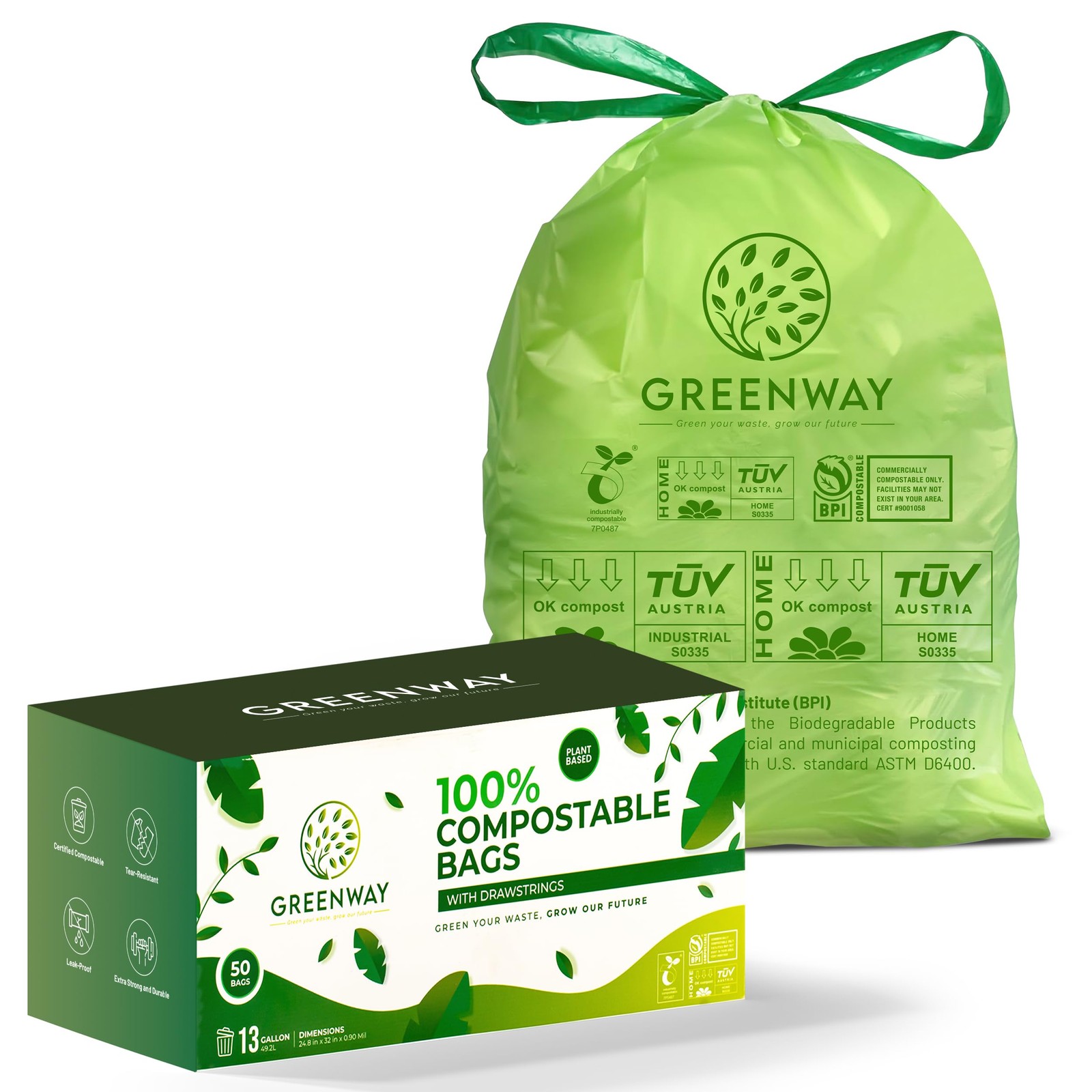 13 Gallon Compostable Drawstring Trash Bags – Extra Thick 1.0 Mil – 50 Count …