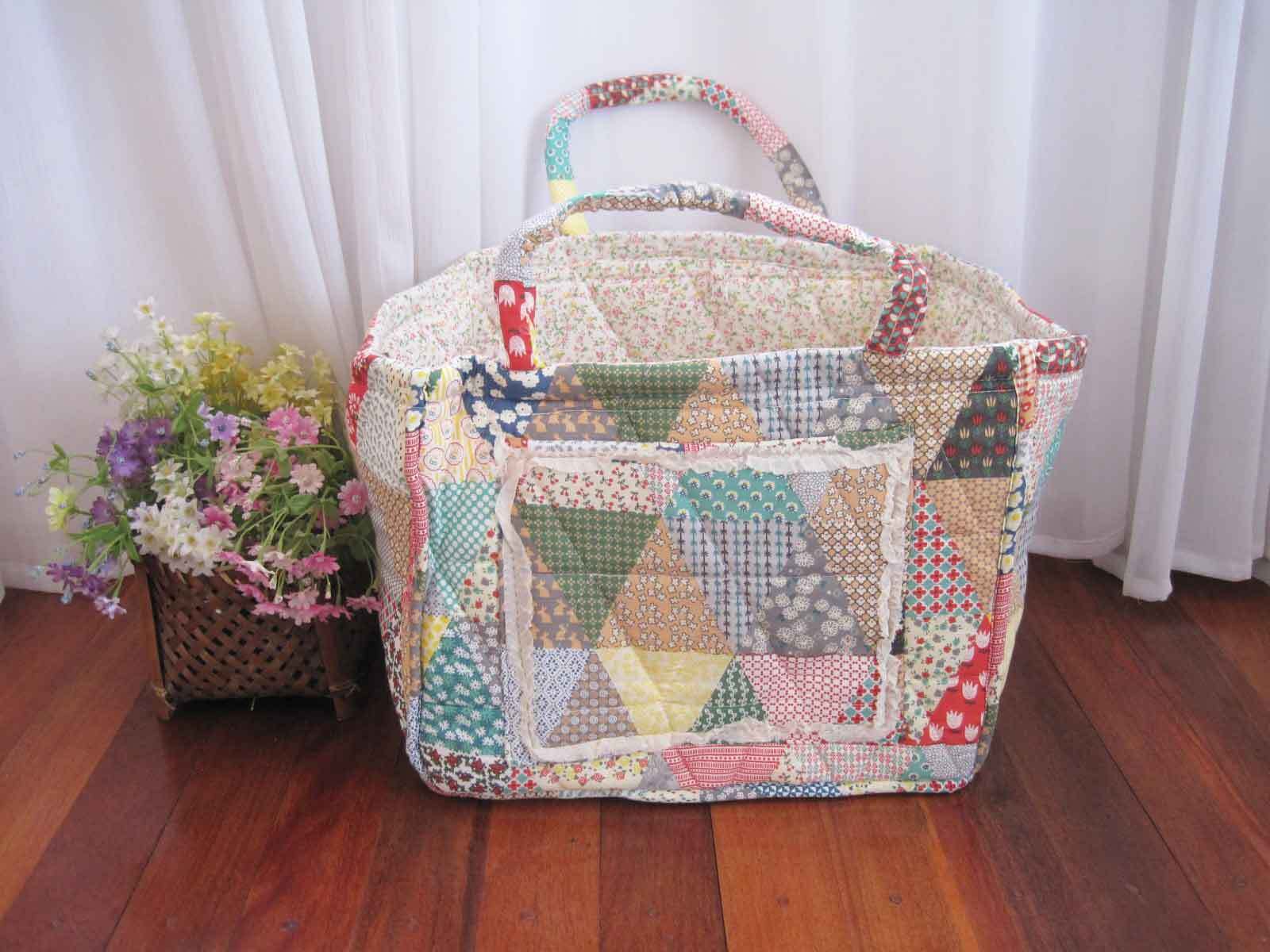 Lovely Flower Patch White Frill Embroidery Cotton Quilted Storage Basket NEW