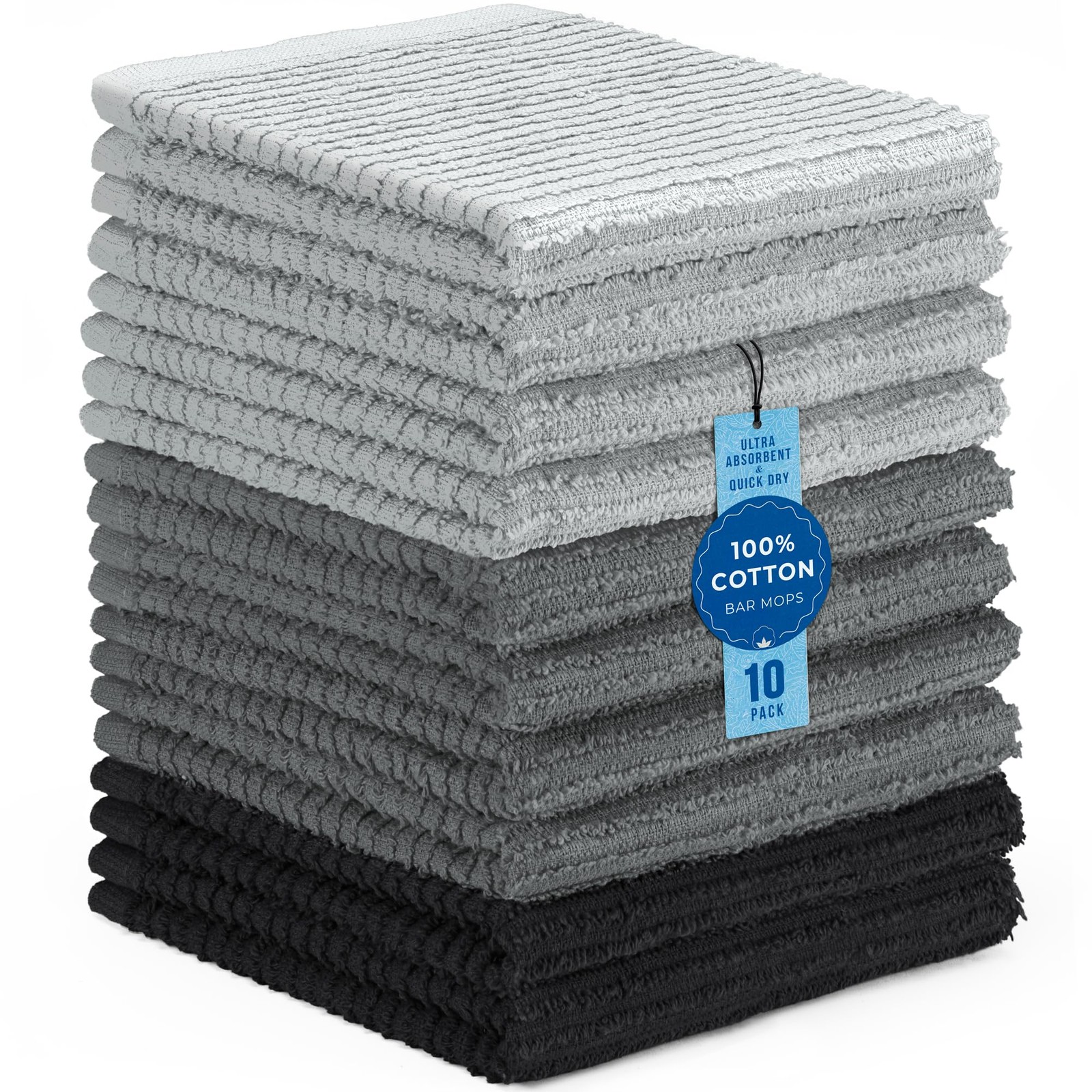 DecorRack 10 Pack 100% Cotton Bar Mops, 12 x 12 in, Grey
