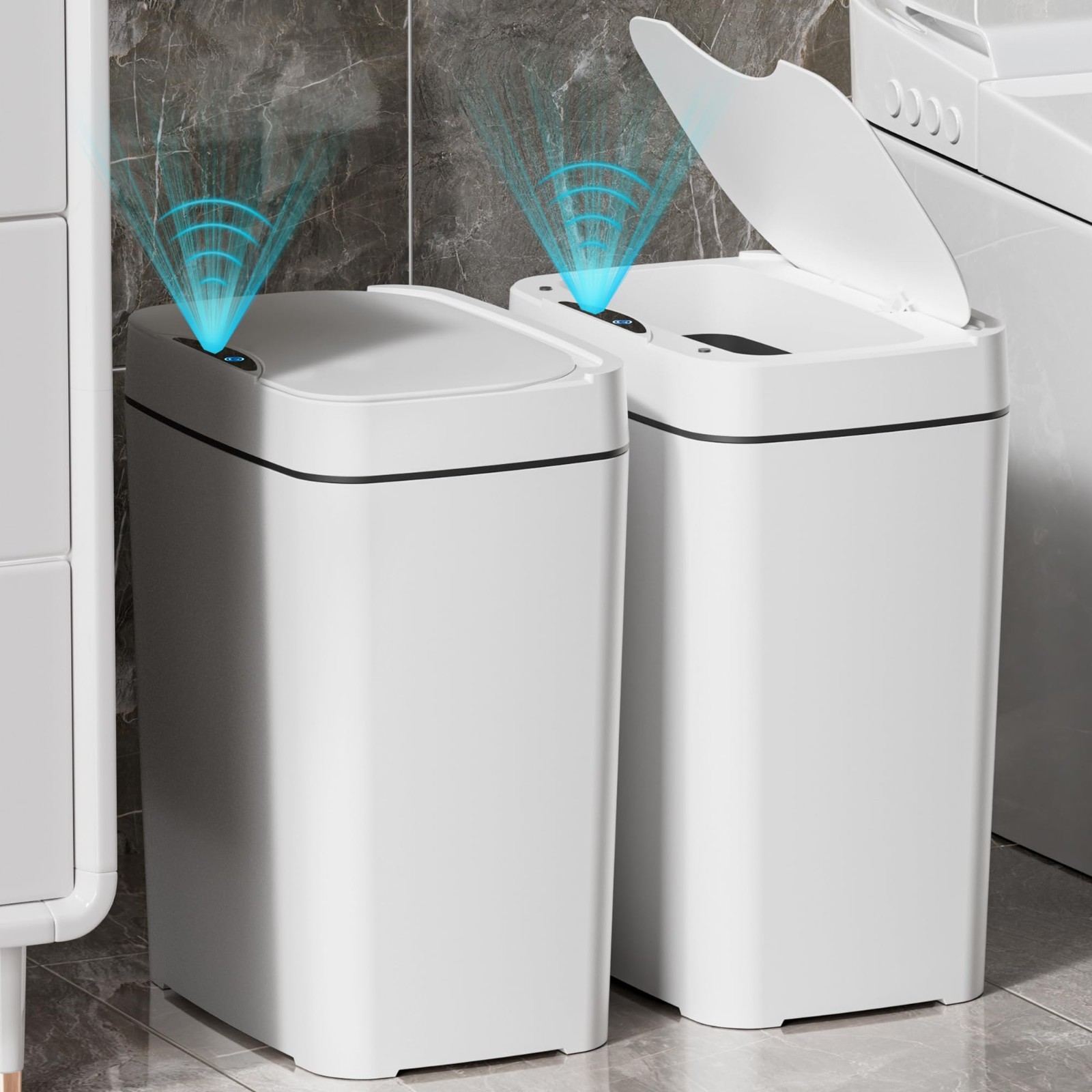 2 Pack Touchless Bathroom Trash Can 2.7 Gal – Slim Motion Sensor Garbage Bin, Wa