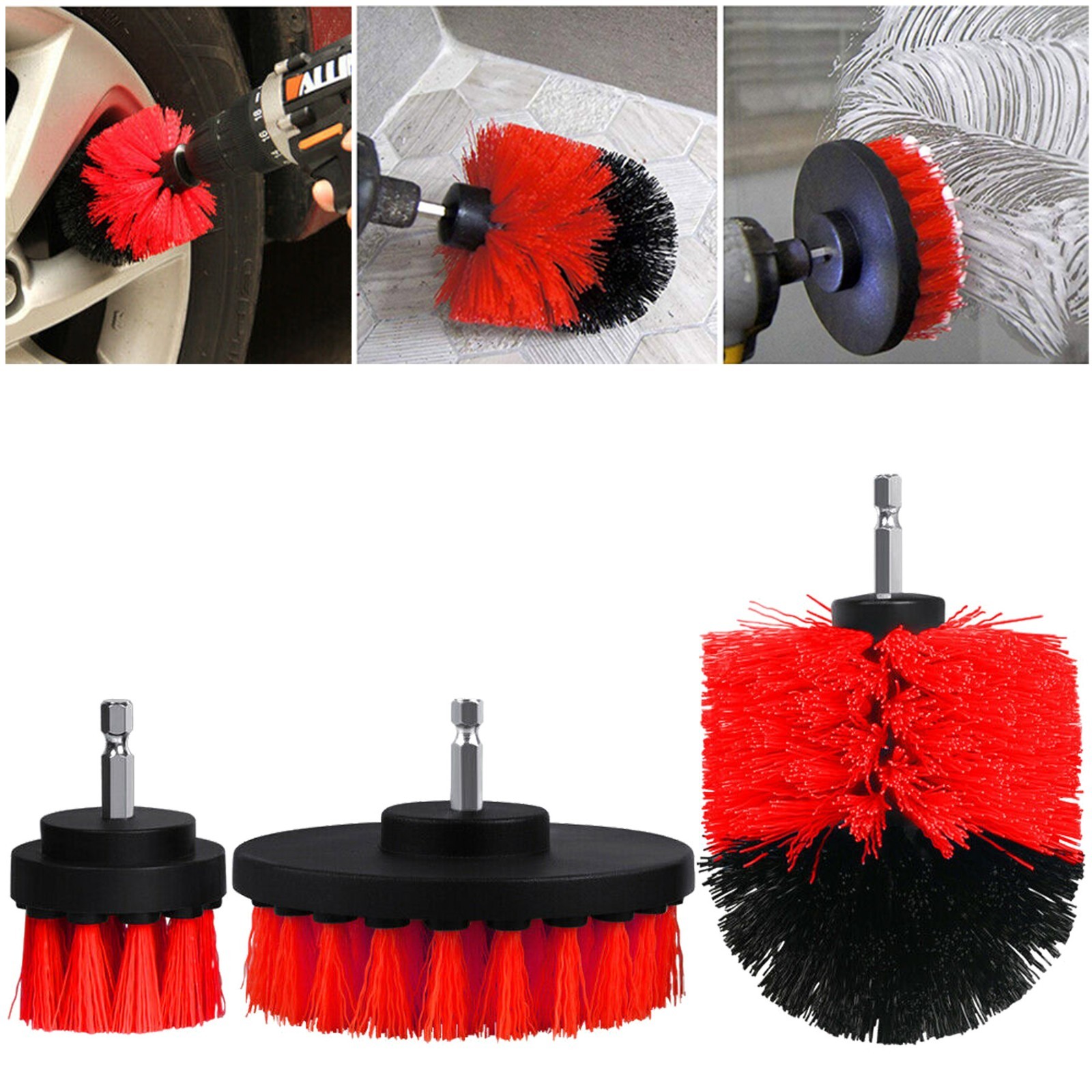 Red 6 Pack Drill Brush Attachment Scrubber Brushes Set Kit with Bit Extension