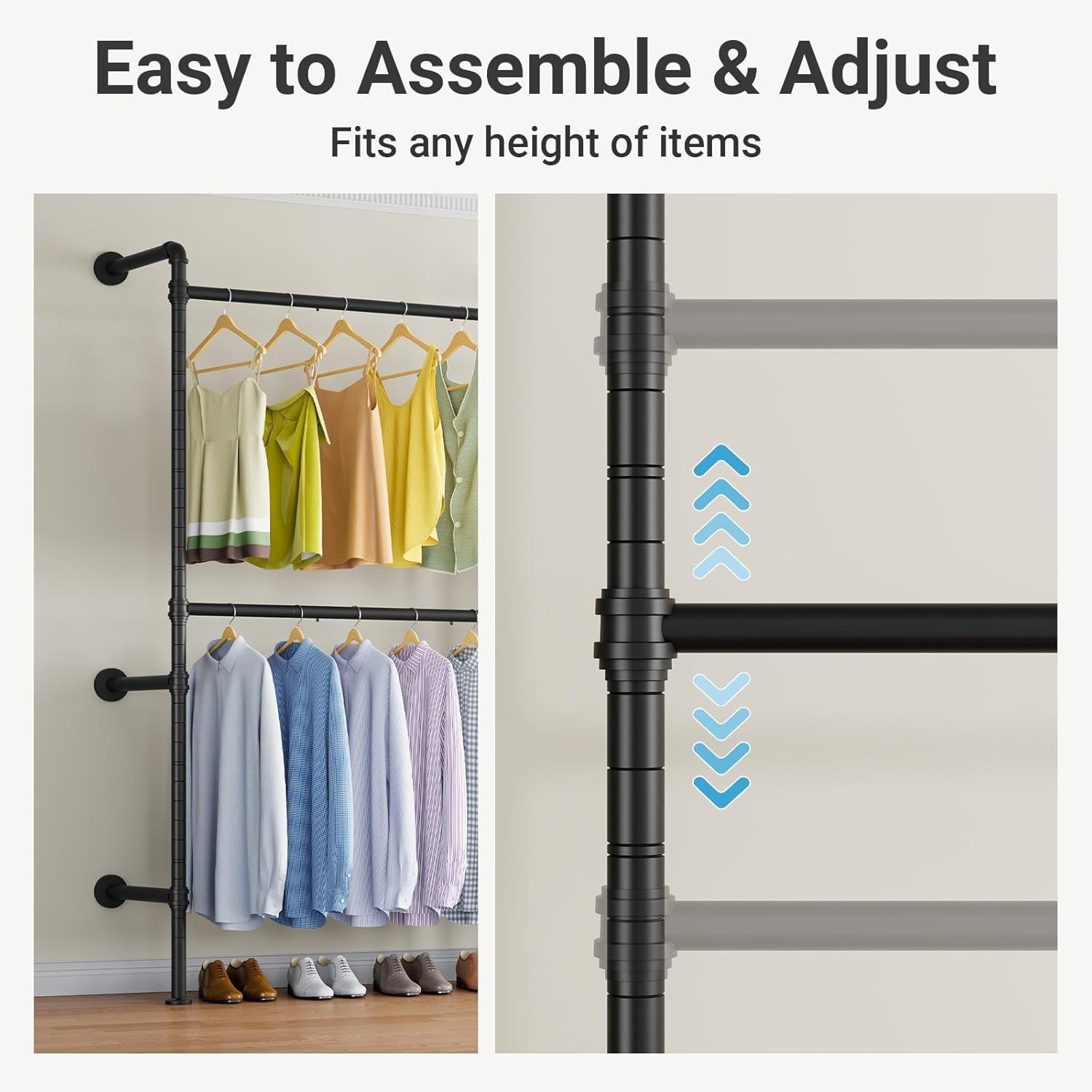 Industrial Pipe Clothes Rack Wall Mounted Open Closet System with 3 Hanging Rods