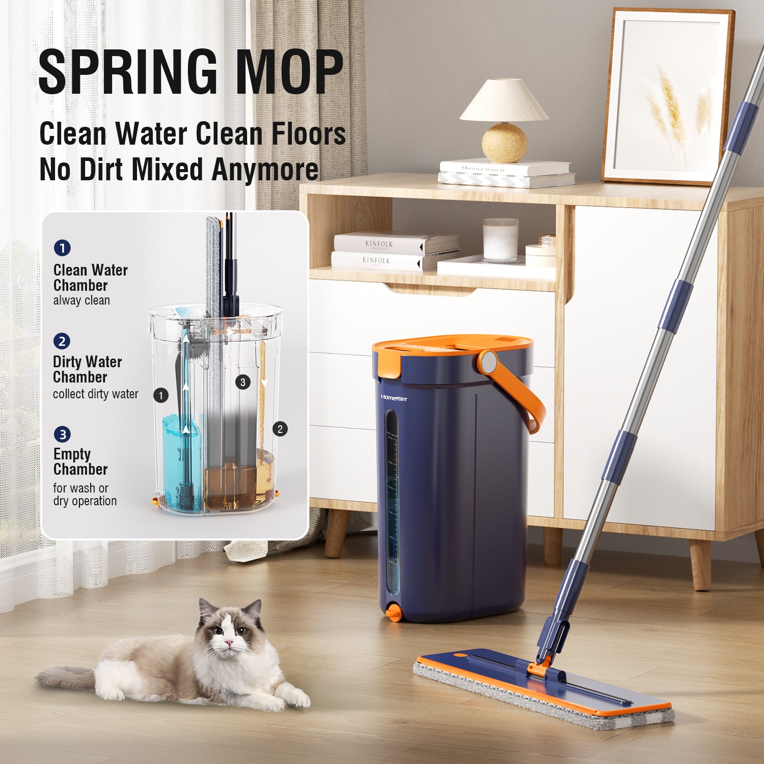 Hands Free Flat Mop and Bucket Set Floor Cleaning with 2pcs Microfiber Mop Pads