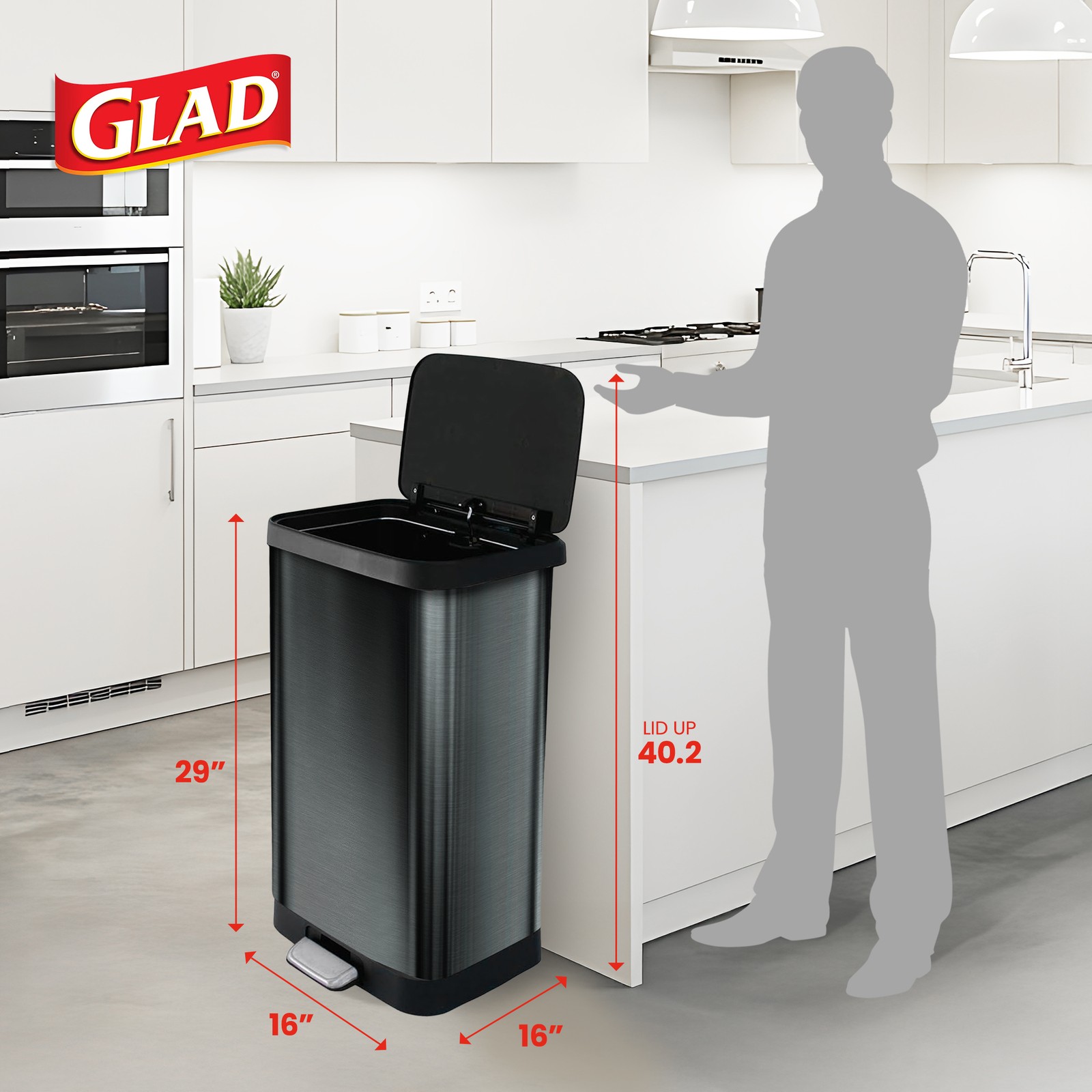 Glad Step Trash Can, Soft Close Lid Bin with Odor Protection, 20 Gallon, Pewter