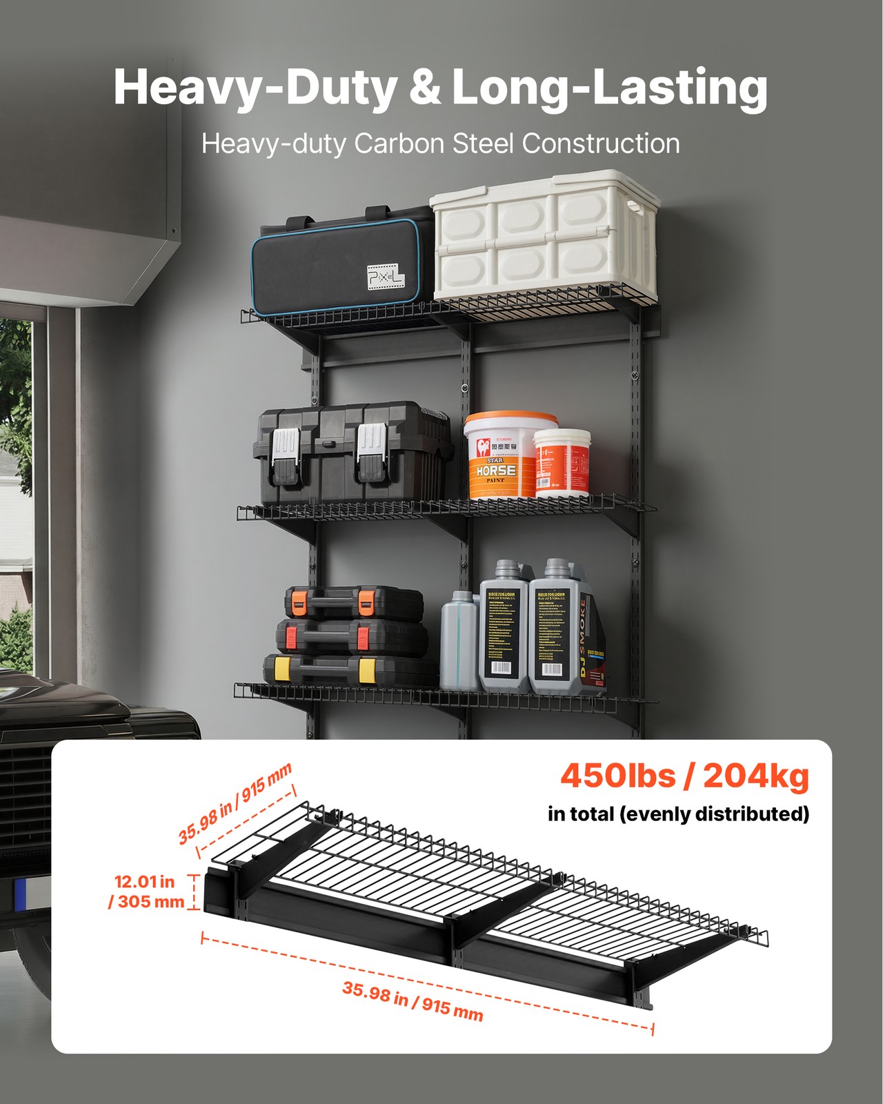 VEVOR 0.9 x 3 ft Garage Wall Shelving 450 lbs Total Wall Mounted Garage Shelving