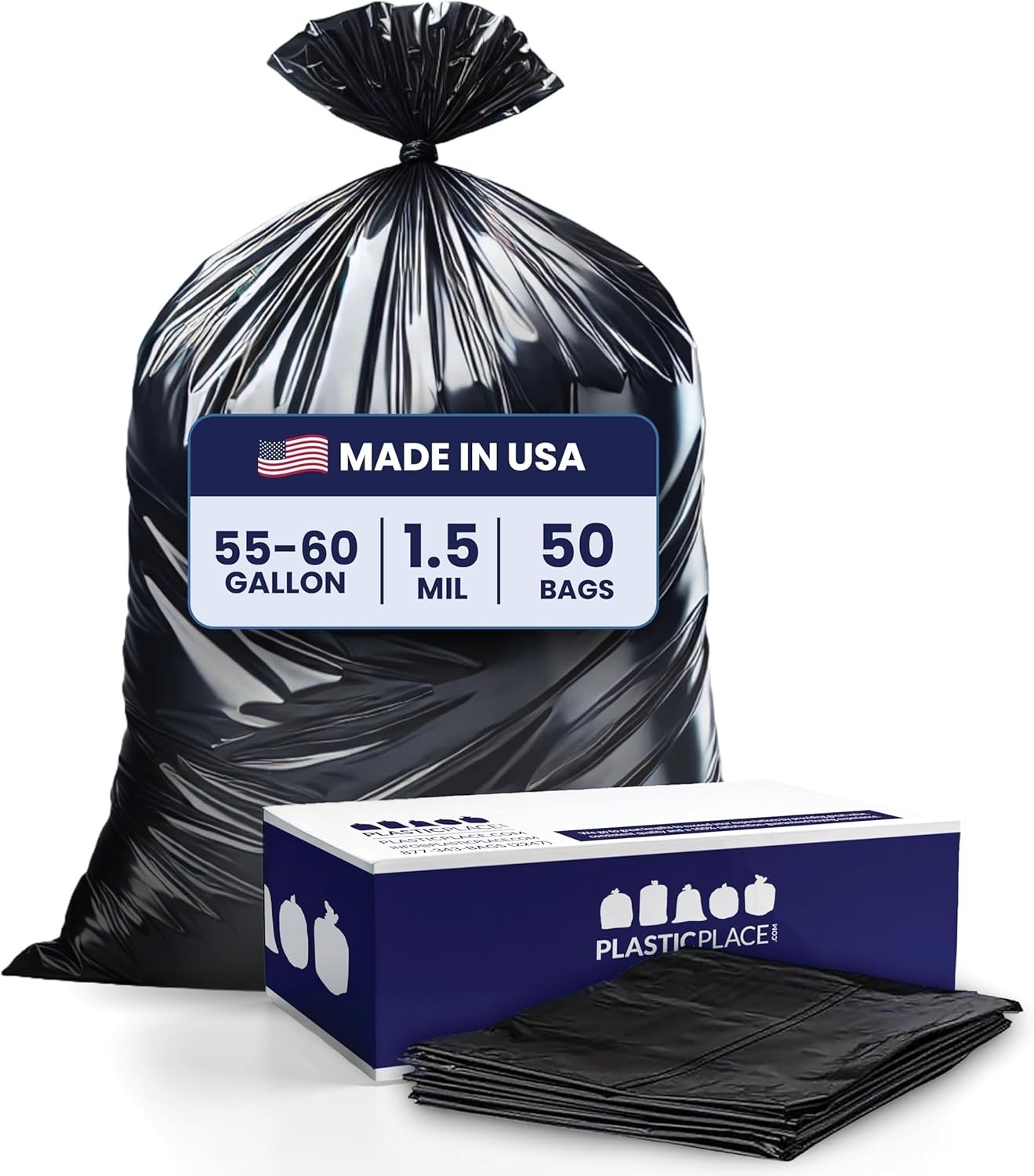 Plasticplace 55-60 Gallon Trash Bags, Black, 2.0 Mil, 100 Count