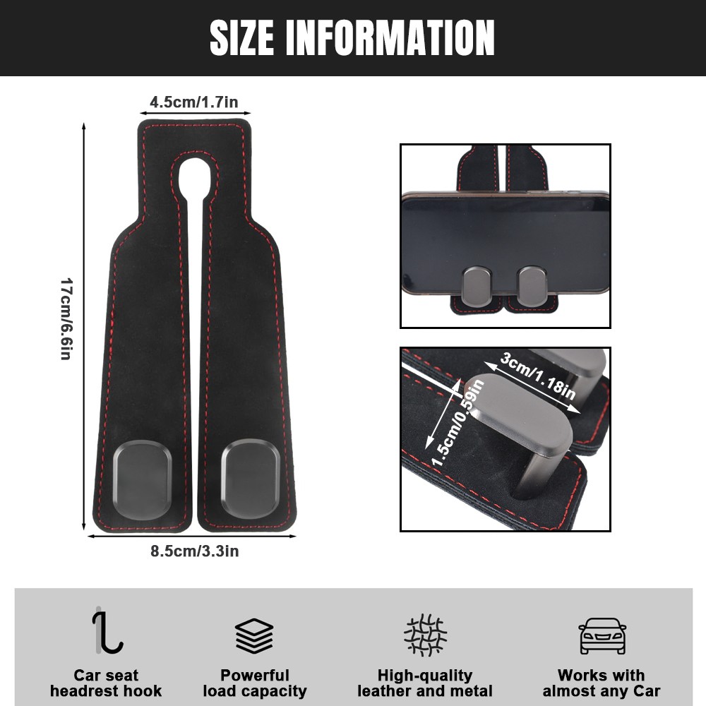 2x Car Headrest Double Hook Leather Seat Back Hanger Holder for Purses Bag Black