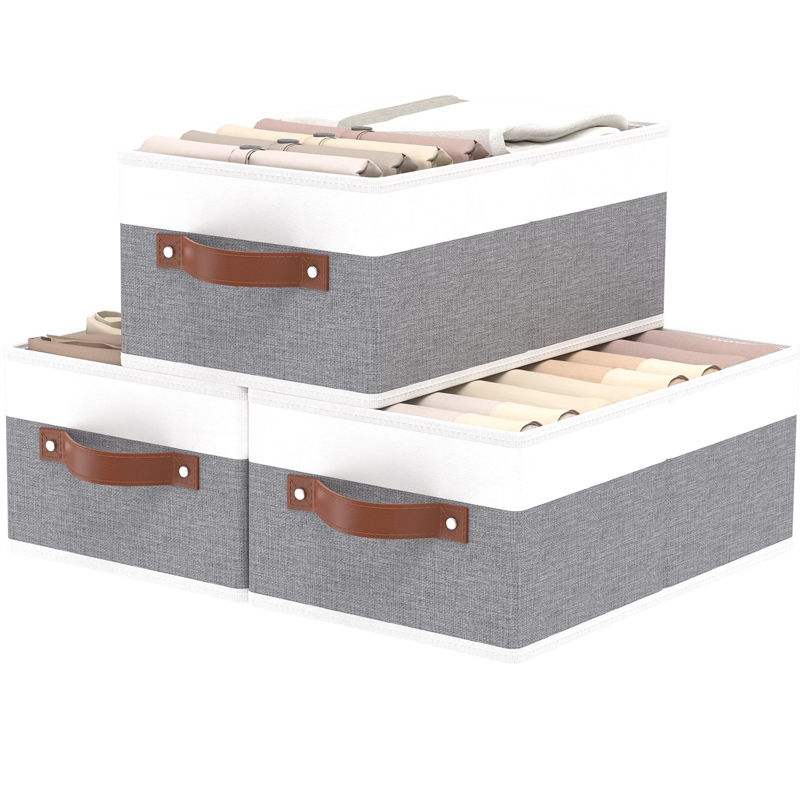 Foldable Fabric Storage Baskets Organizer Boxes Gray White 3 Pack 16 Inch