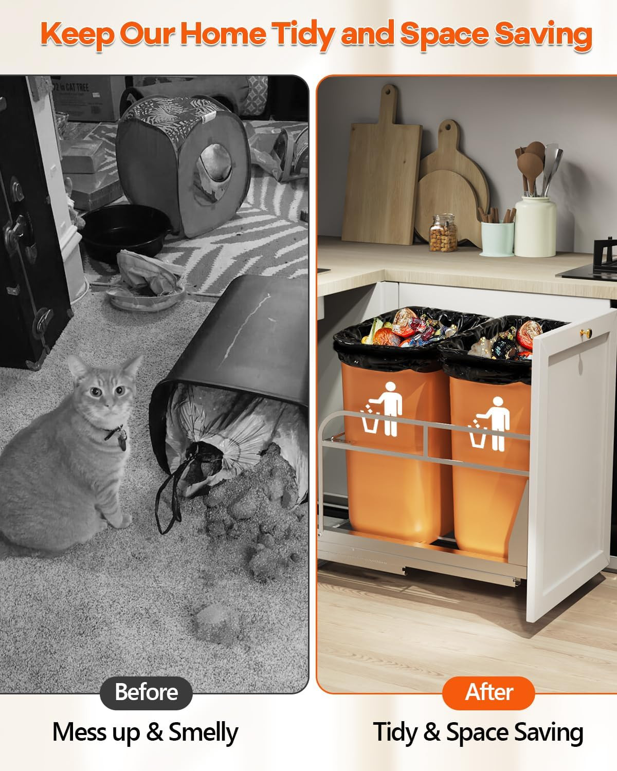 Under Cabinet Dual Pull Out Trash Can Kit for Kitchen – 17″W x 24″D Required