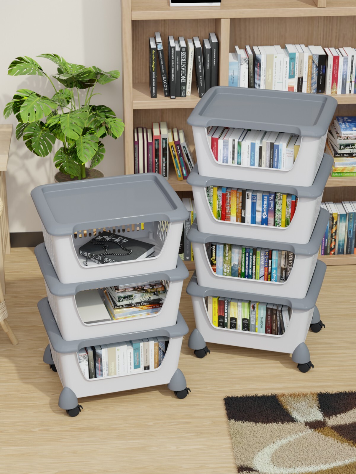 Idotry 4-Packs Plastic Stackable Storage Bins – Large Storage Basket with Wheels