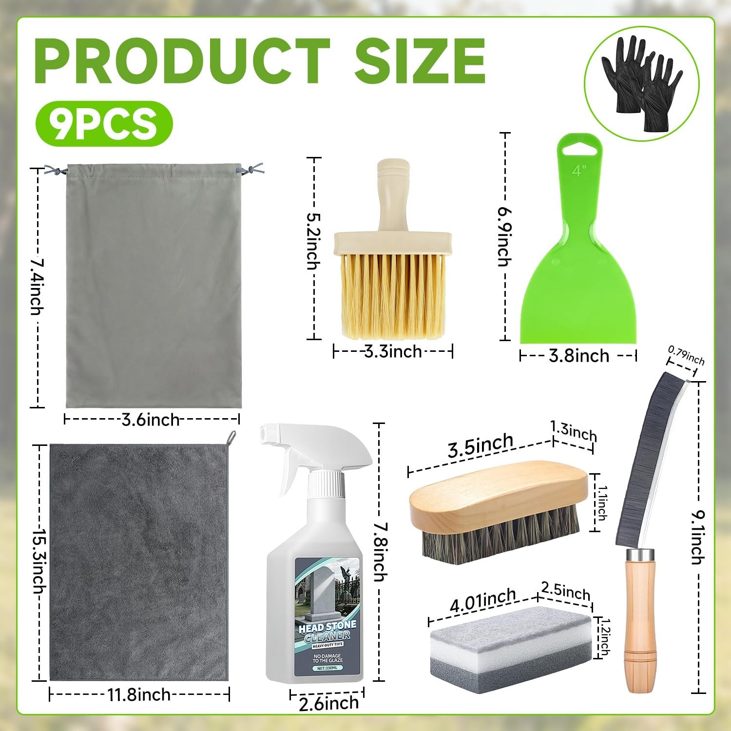 Headstone Cleaner Kit 9 PCS Includes Brush, Gloves, Scraper – Daily Cleaning