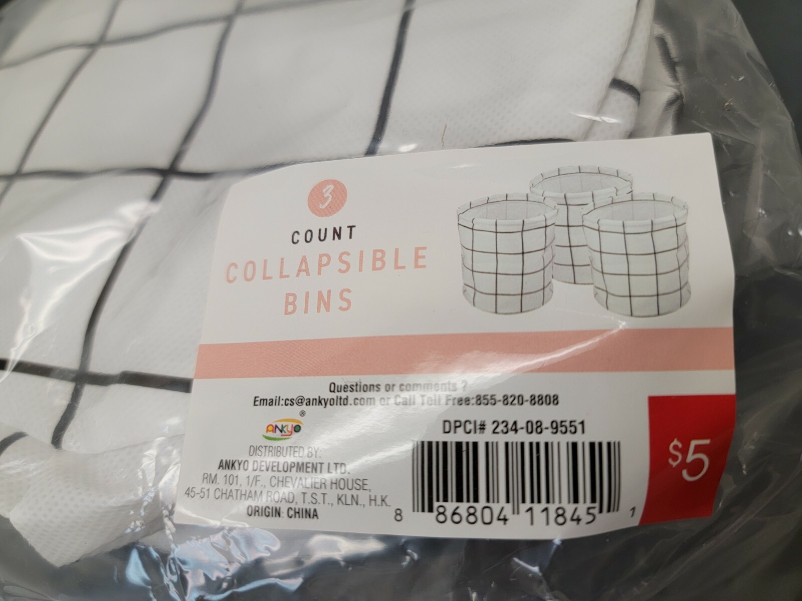 White and Black Checkered Collapsible Storage Bins, 3 Count