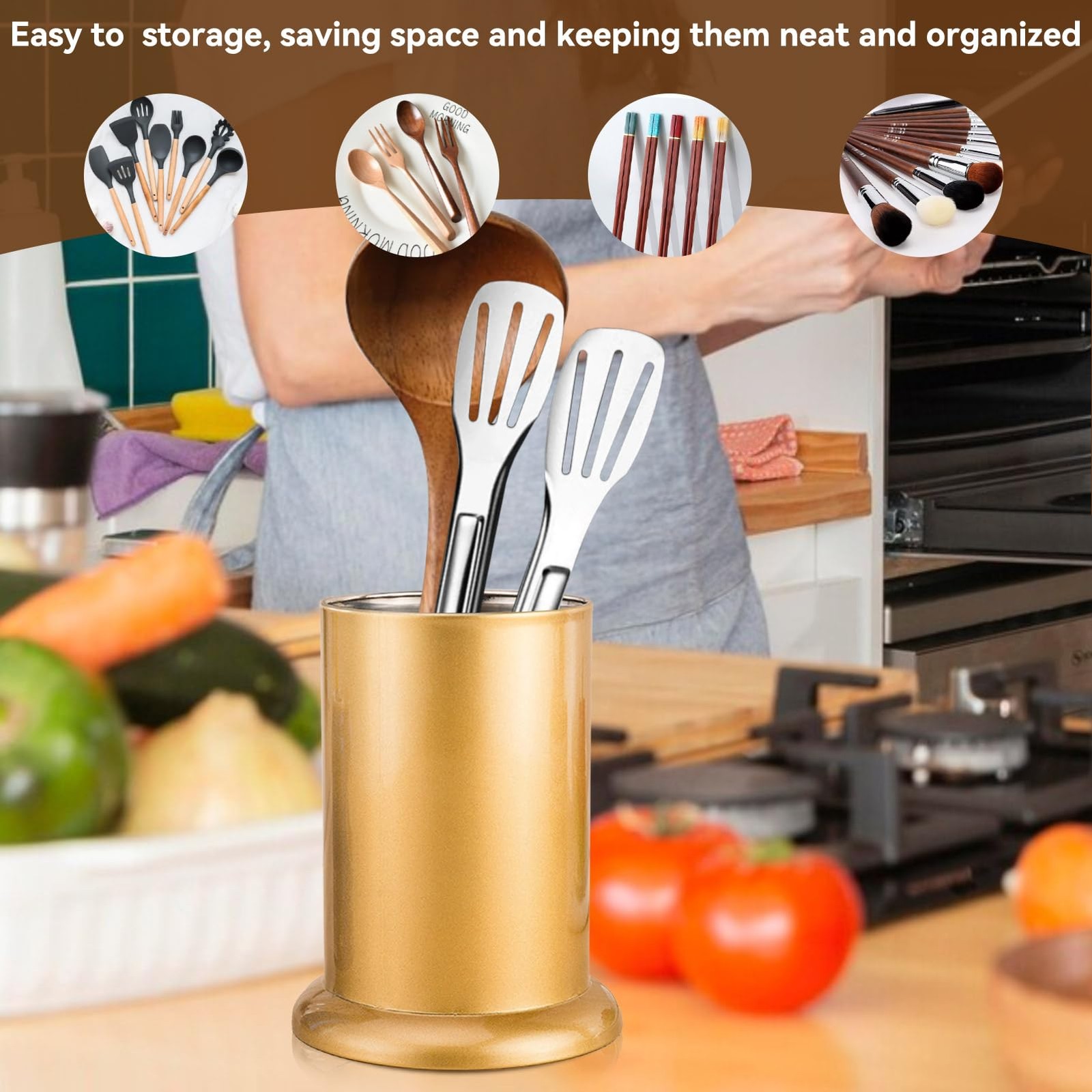 Utensil Holder, Stainless Steel Flatware Storage Basket Gold Silverware
